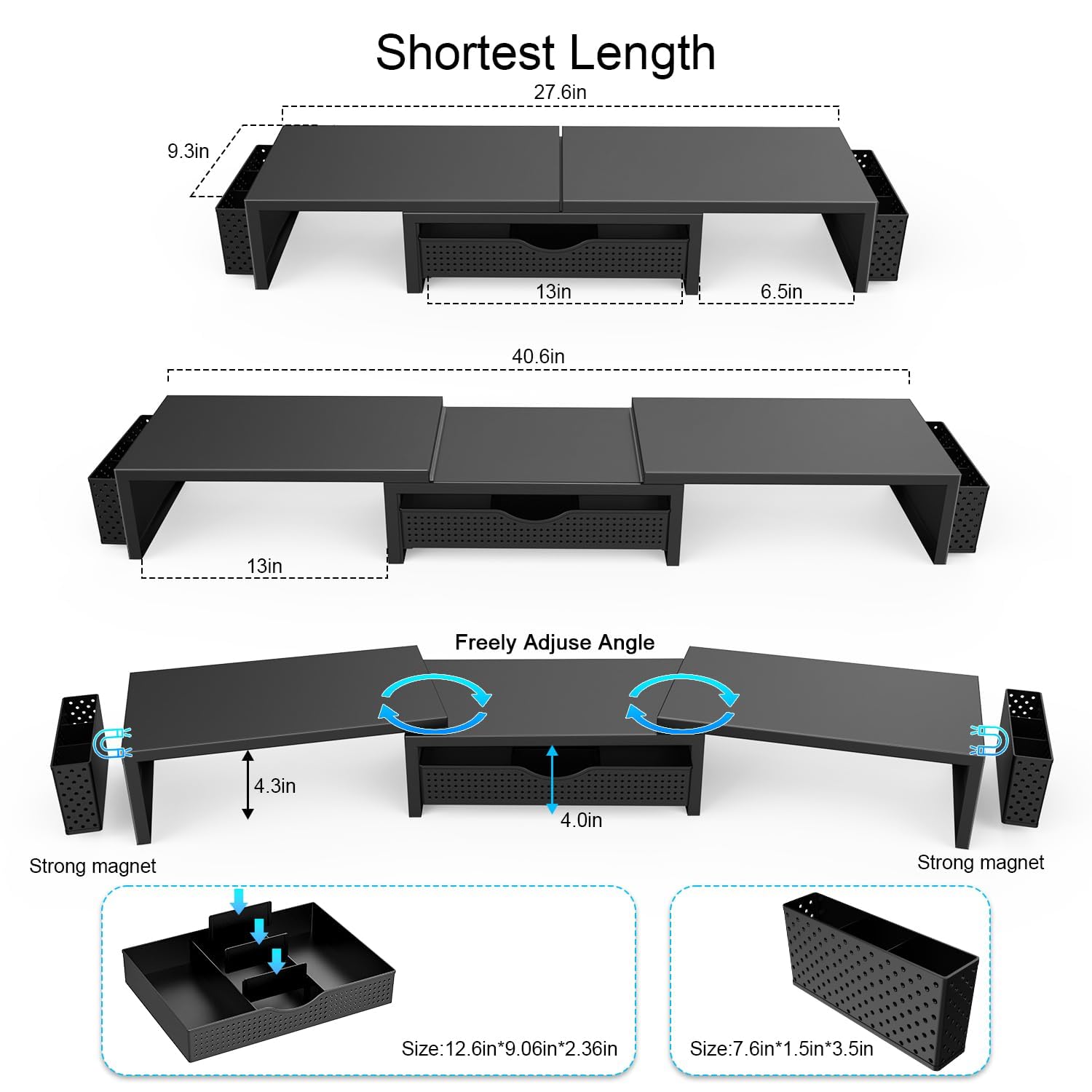 Dual Monitor Stand Riser, Metal Desk Accessories with Drawer and 2 Pen Holder, Adjustable Length and Angle - Computer Monitor Stand for Screen, Computer, Printer (Black) — view 5