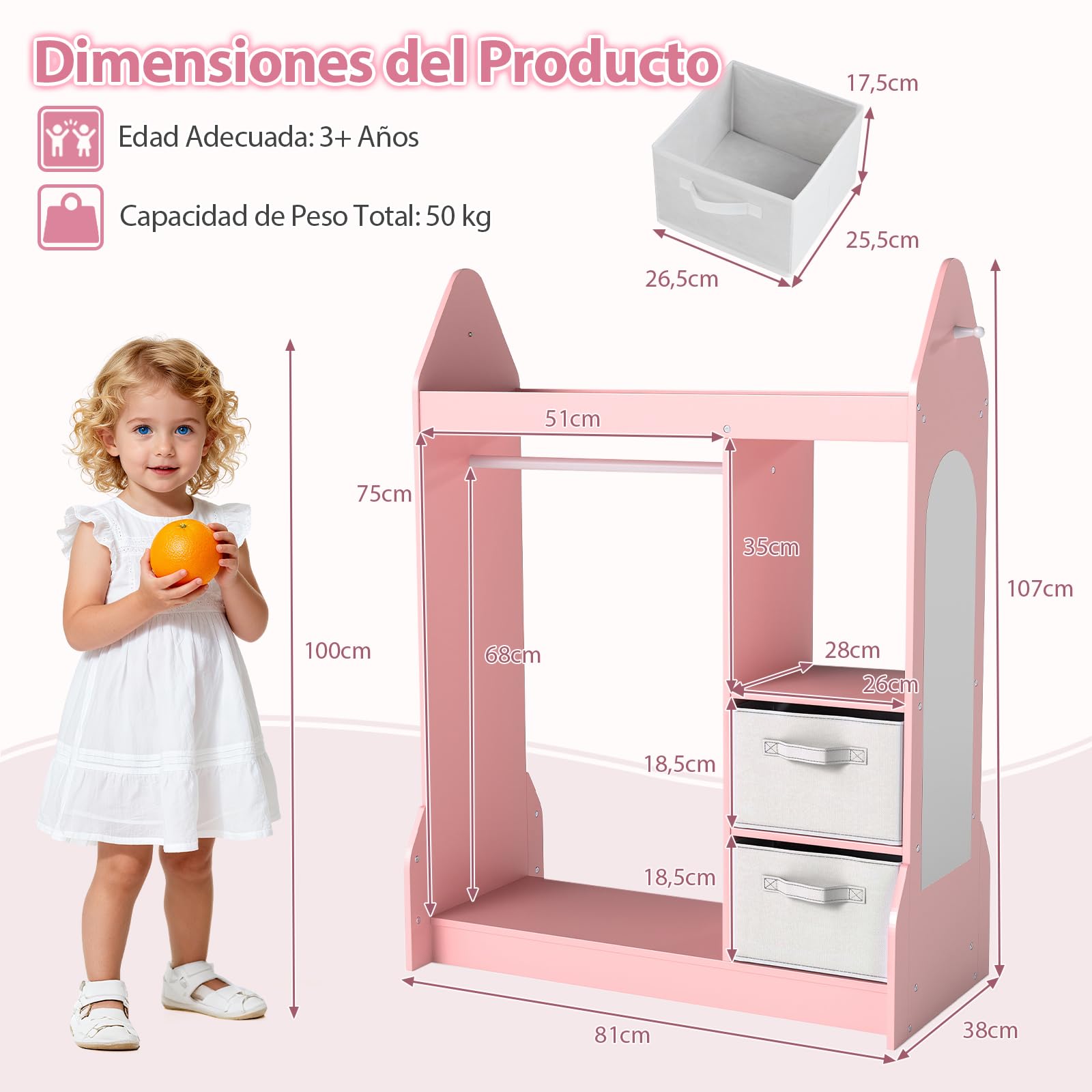 GOPLUS Armario de Almacenamiento para Niños, Ropero con Espejo de Cuerpo Entero, Estantes, Ganchos, 2 Cajas de Tela, Organizador para Juego Imaginativo, Armario de Madera para Dormitorio (Rosa)