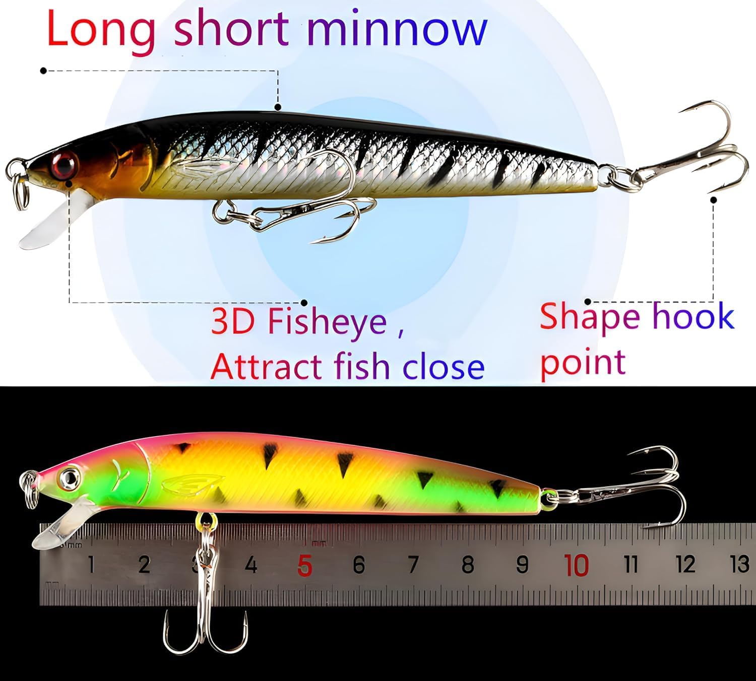 Fishing Lure Set, 10cm Minnow Hard Bait with 3D Eyes, Lifelike Skin, Double Circle Hooks, 5 Multicolor Colours (Pack of 5) 4