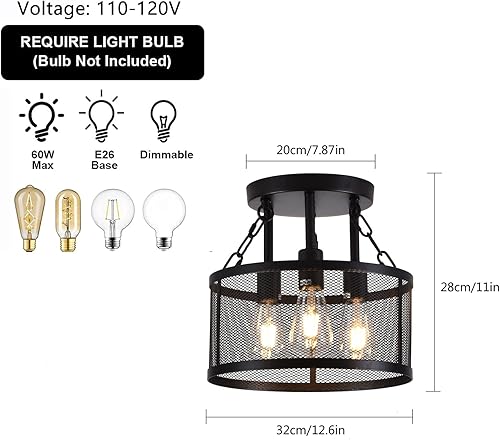 Miniatura 4 de Lámpara de techo retro semiempotrada de 3 luces, luz de techo industrial de granja, luz de techo de malla metálica negra para dormitorio, sala de