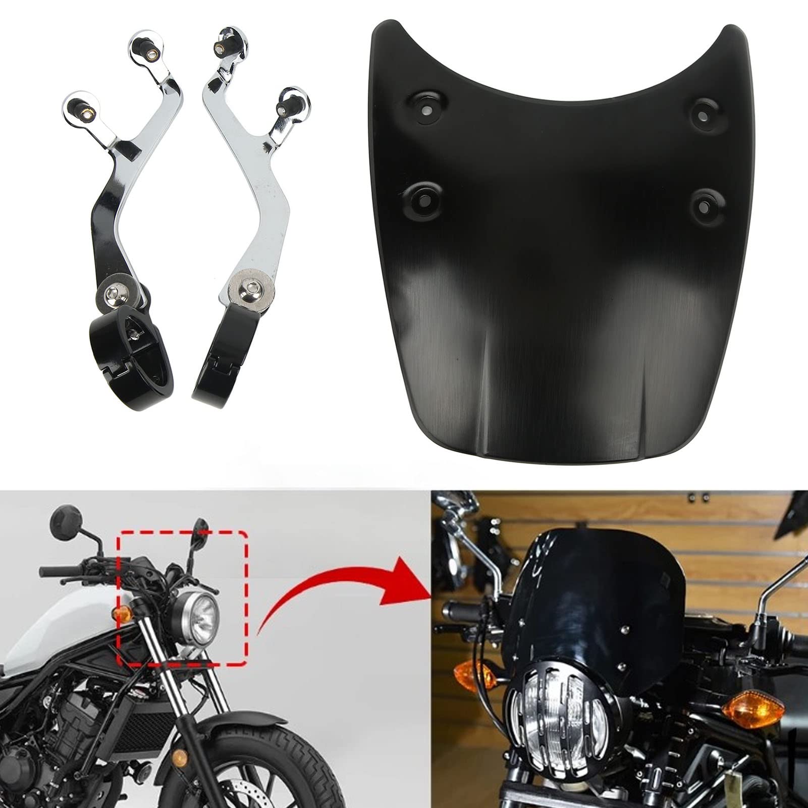Aramox Aluminiowa Szyba Przednia Motocykla z Mocowaniami ze Stali Nierdzewnej Przedni Deflektor Osłona Aerodynamiczna Łatwe Dopasowanie do Motocyklistów CMX 300 500 Rebel 2017 2022 (BLACK)