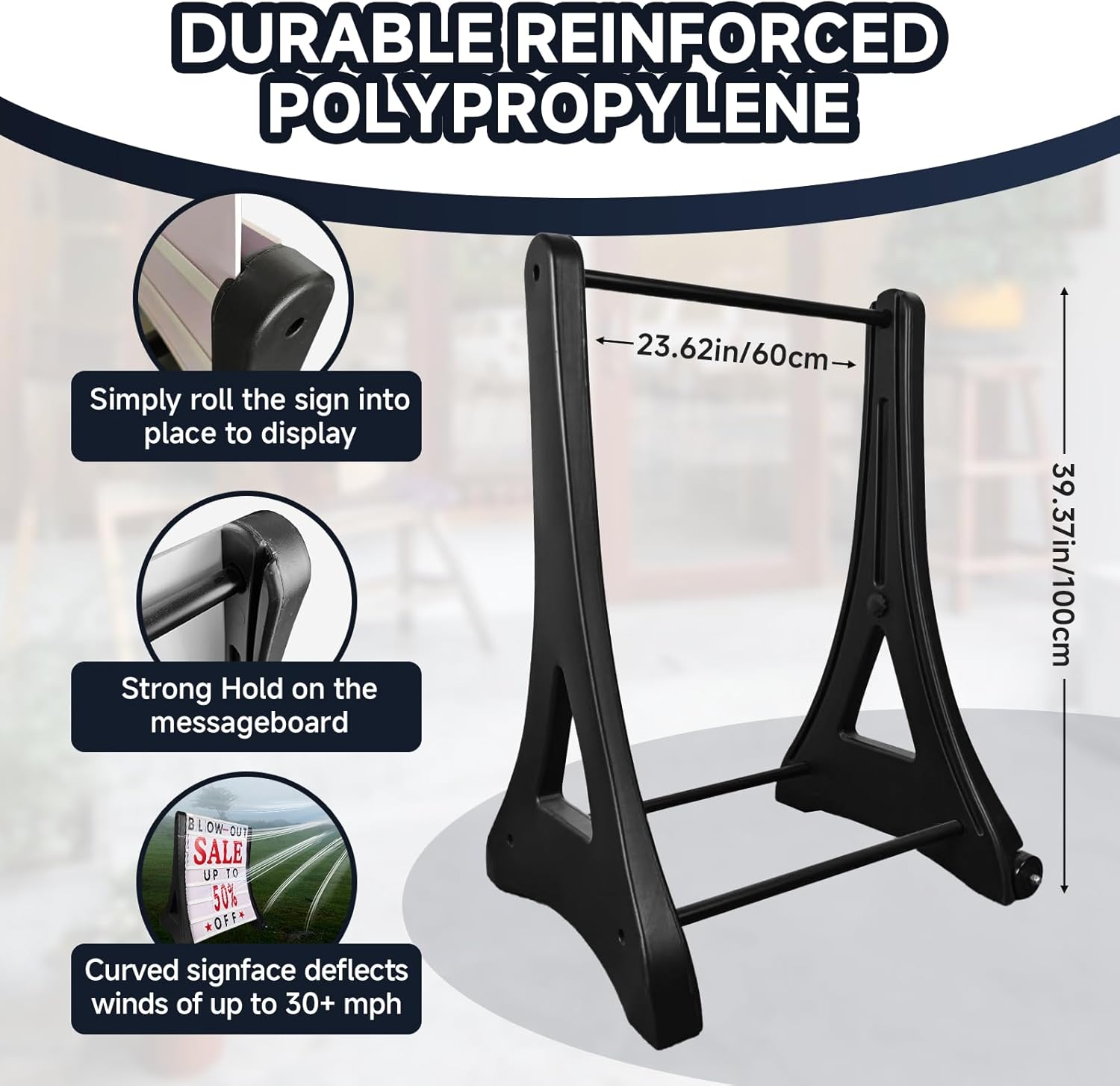 24"x39" Changeable Message Board Sidewalk Sign, Standard Portable A-Frame Sign & Letter Kit for Outdoor,Business, Large Black Standing Frame with Wheels, Water-Fillable and Wind-Resistant