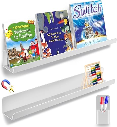 MATT SAGA 2 estantes magnéticos para pizarra blanca, aula y refrigerador, estante de exhibición de acrílico fuertemente magnético de 17 pulgadas,