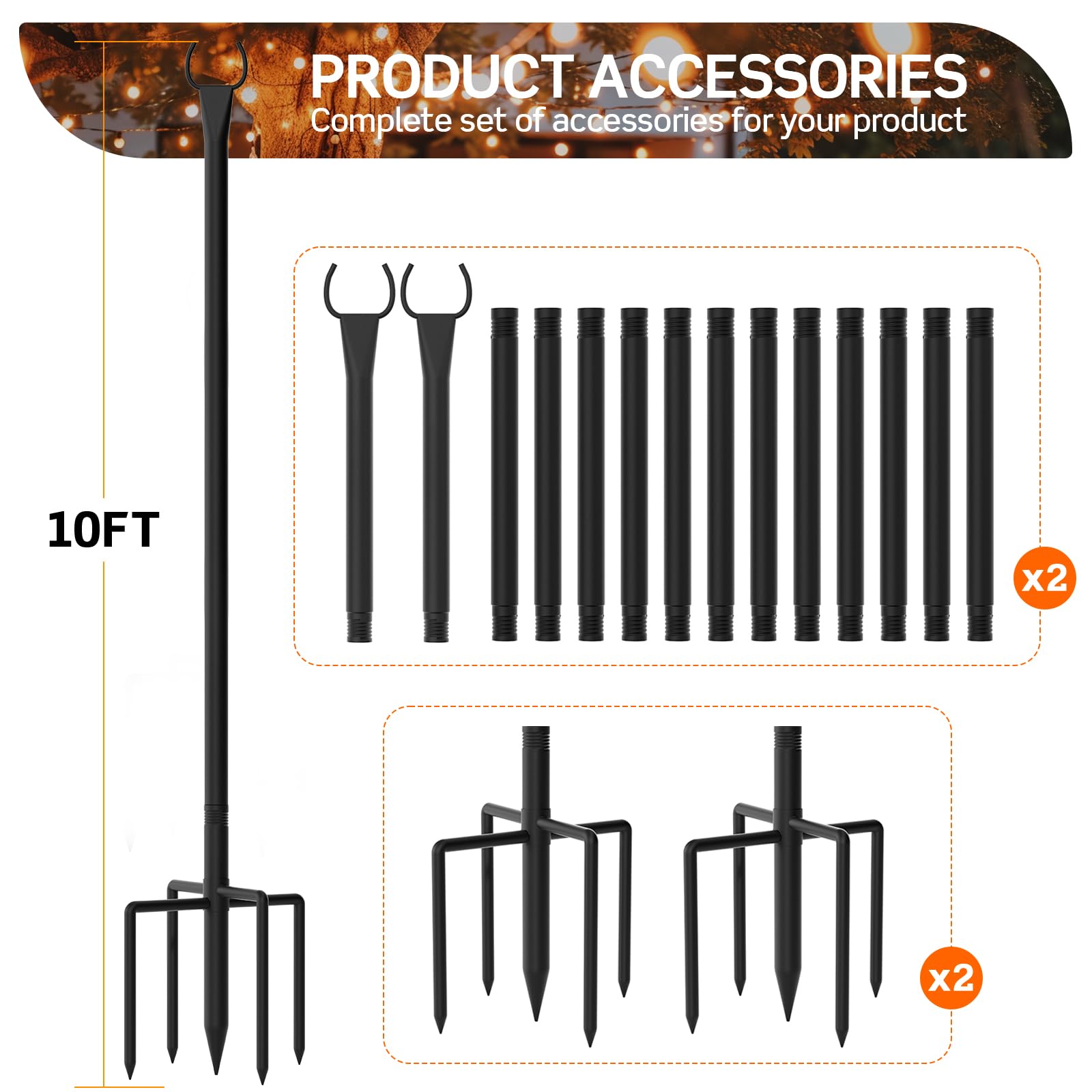 Postes de luz para exteriores, postes de 3 m para exteriores, para cadena de luces, poste de luz de base escalonado resistente de 5 clavijas para patio, jardín, decoración de bodas y fiestas