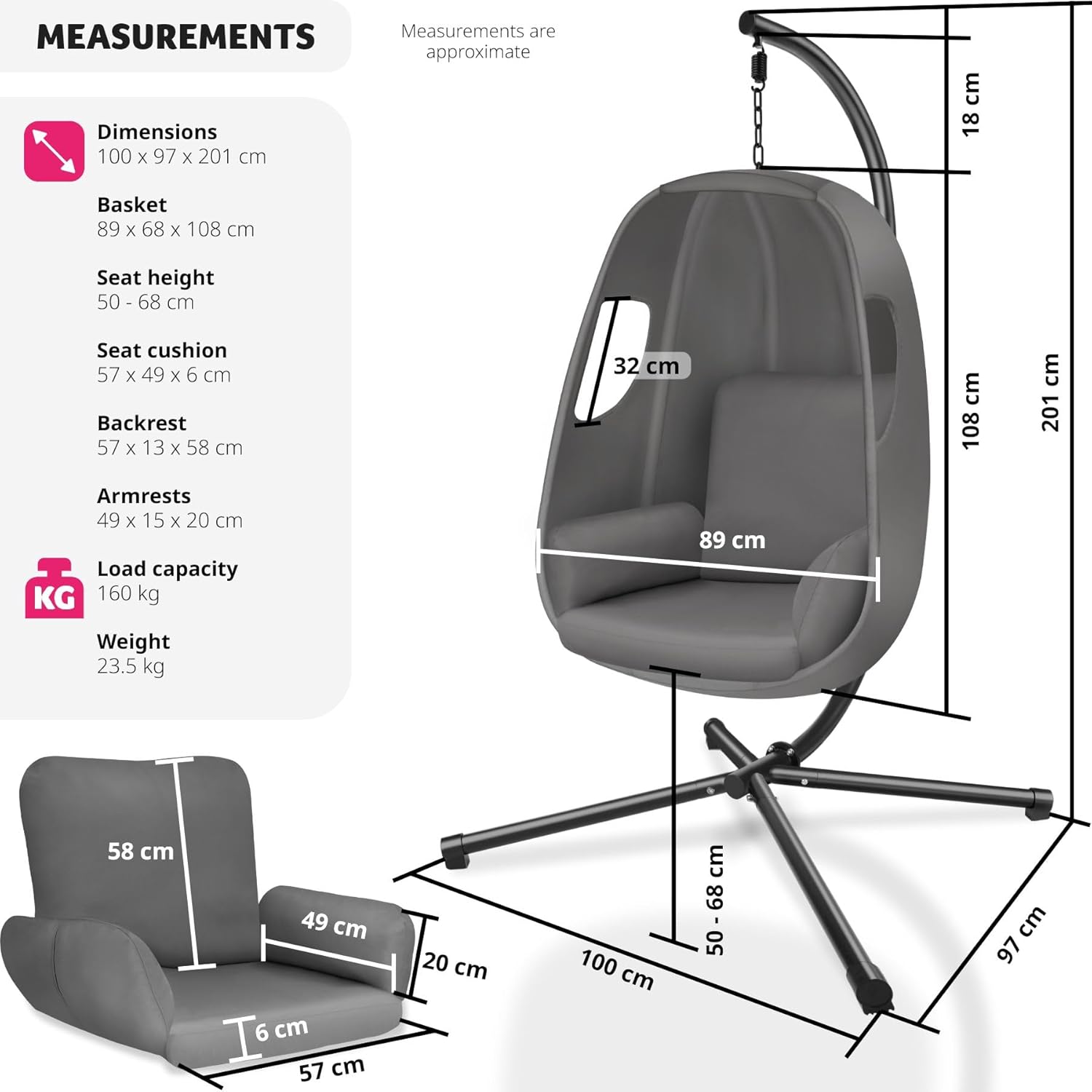 Detailed measurements and dimensions of the tectake Hanging Egg Chair