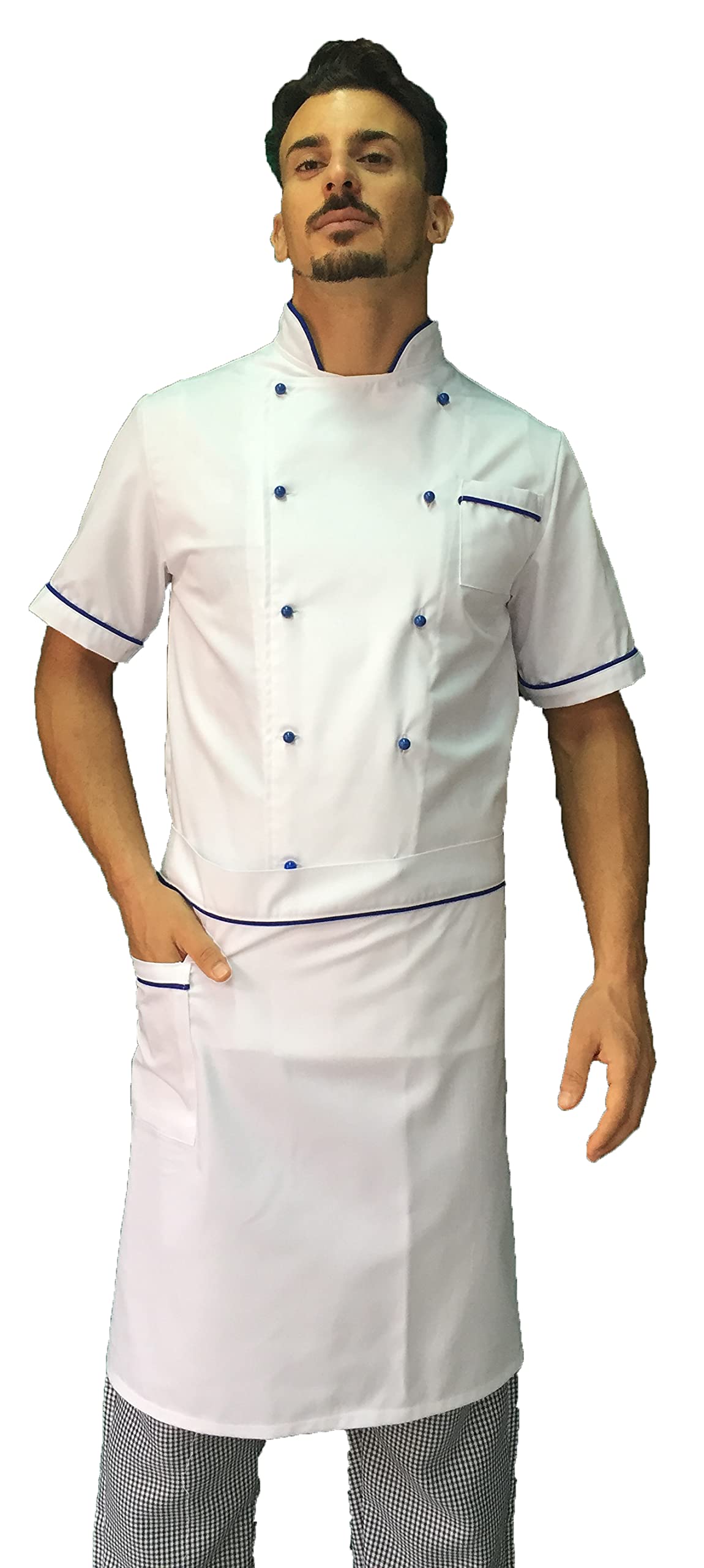 Bordado gratuito – Conjunto de cocinero para hombre – Blanco Azul y Pied de Poule – Camiseta de chef de manga corta – Chaqueta, pantalones y delantal – Algodón – Uniforme para cocina