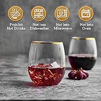 Vista 5 de FOCUSLINE 32 Pack 12 OZ Plastic Wine Glasses, Stemless Disposable Wine Cups, Gold Rim Unbreakable Wine Glasses, Reusable Shatterproof Recyclable and