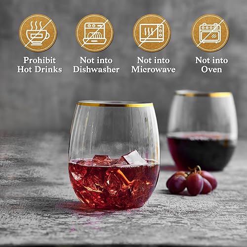 Miniatura 5 de FOCUSLINE Paquete de 32 copas de vino de plástico de 12 onzas  Copas de vino desechables sin tallo, de plástico con borde dorado, copas de vino