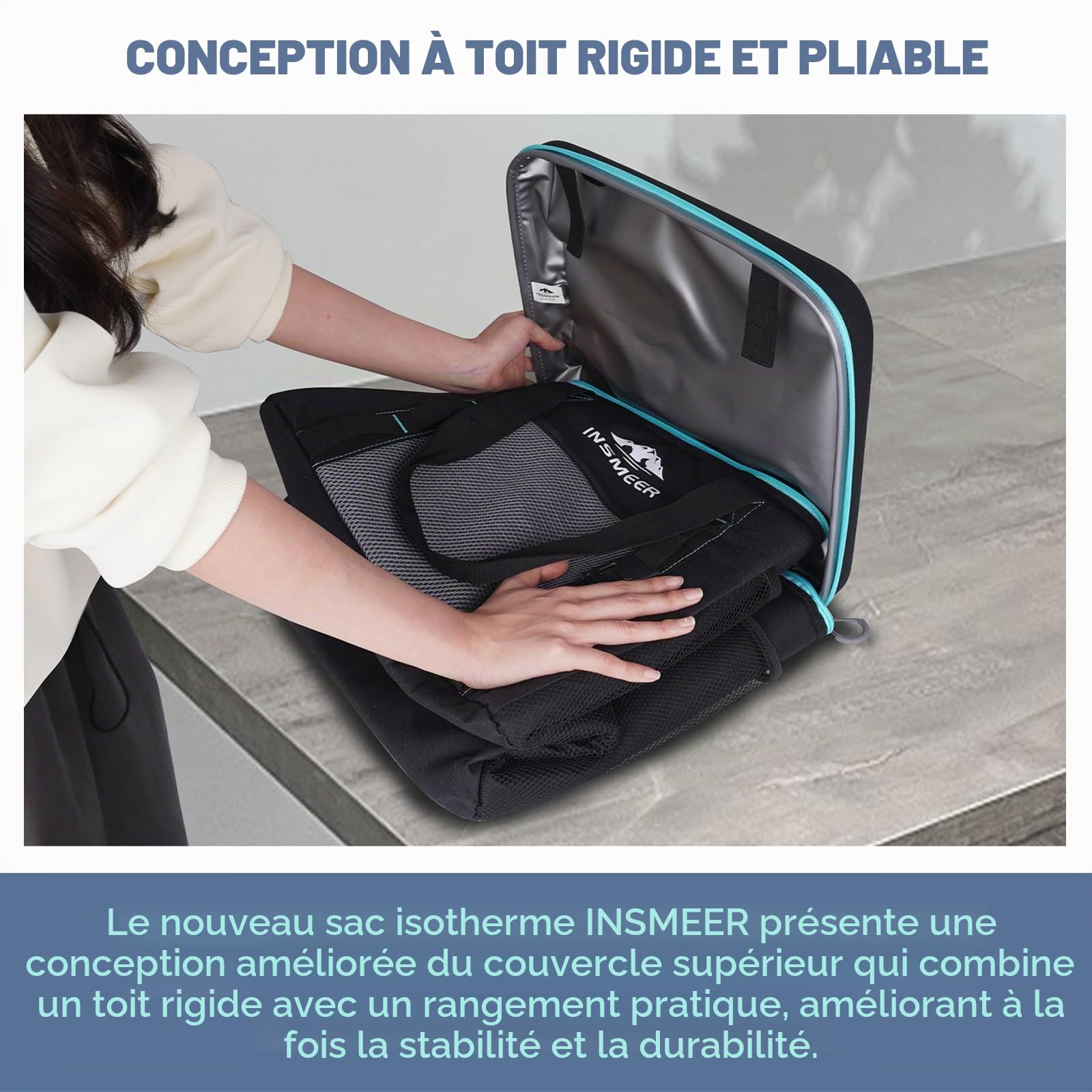 INSMEER Grand sac isotherme de 40 L, 60 canettes, pliable avec dessus rigide en EVA pour boissons, sac isotherme moyen, sac isotherme pour 4 camping, plage, voyage