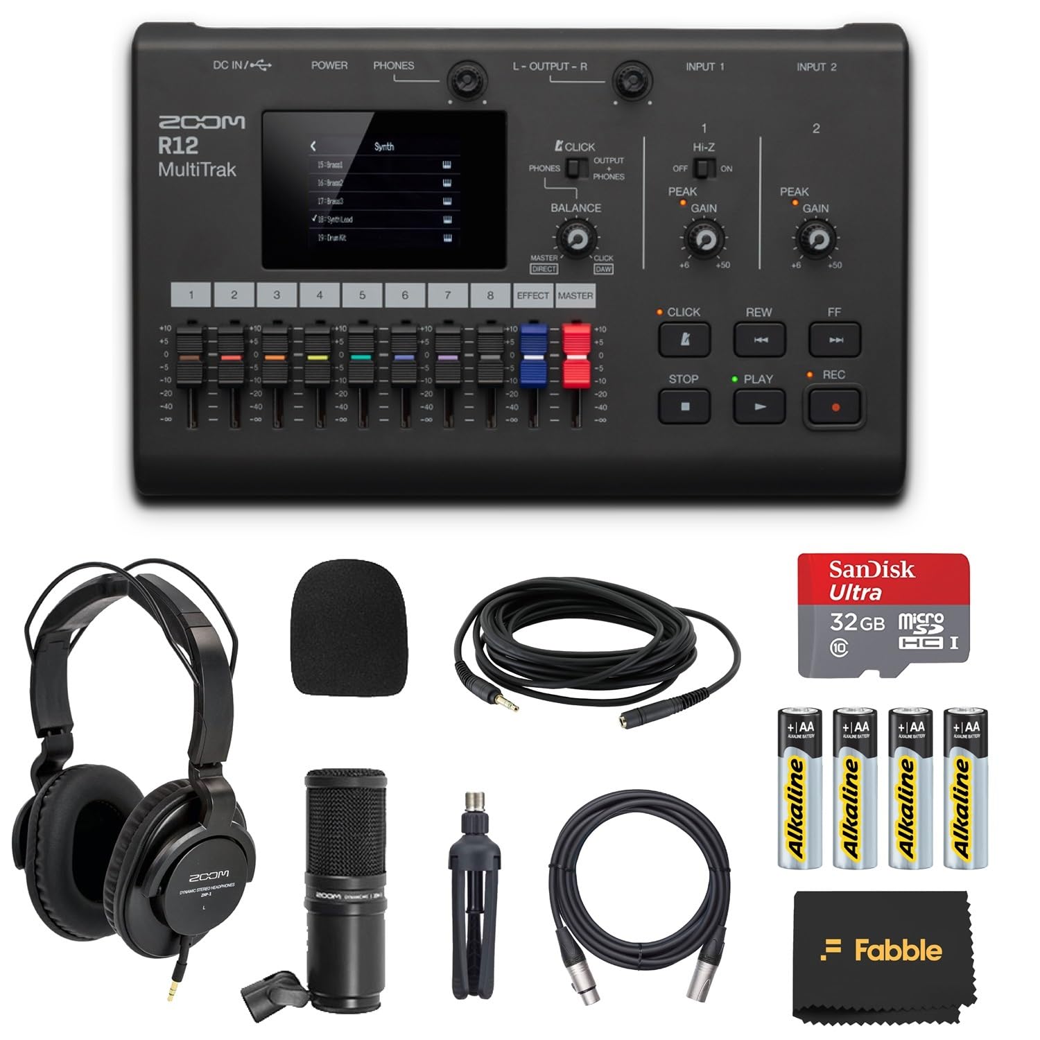 Zoom R12 MultiTrak Registratore Portatile Bundle con ZDM-1 Podcast Mic Pack, cuffie, supporto microfono, cavo XLR, parabrezza in schiuma, batterie e scheda microSD da 32 GB
