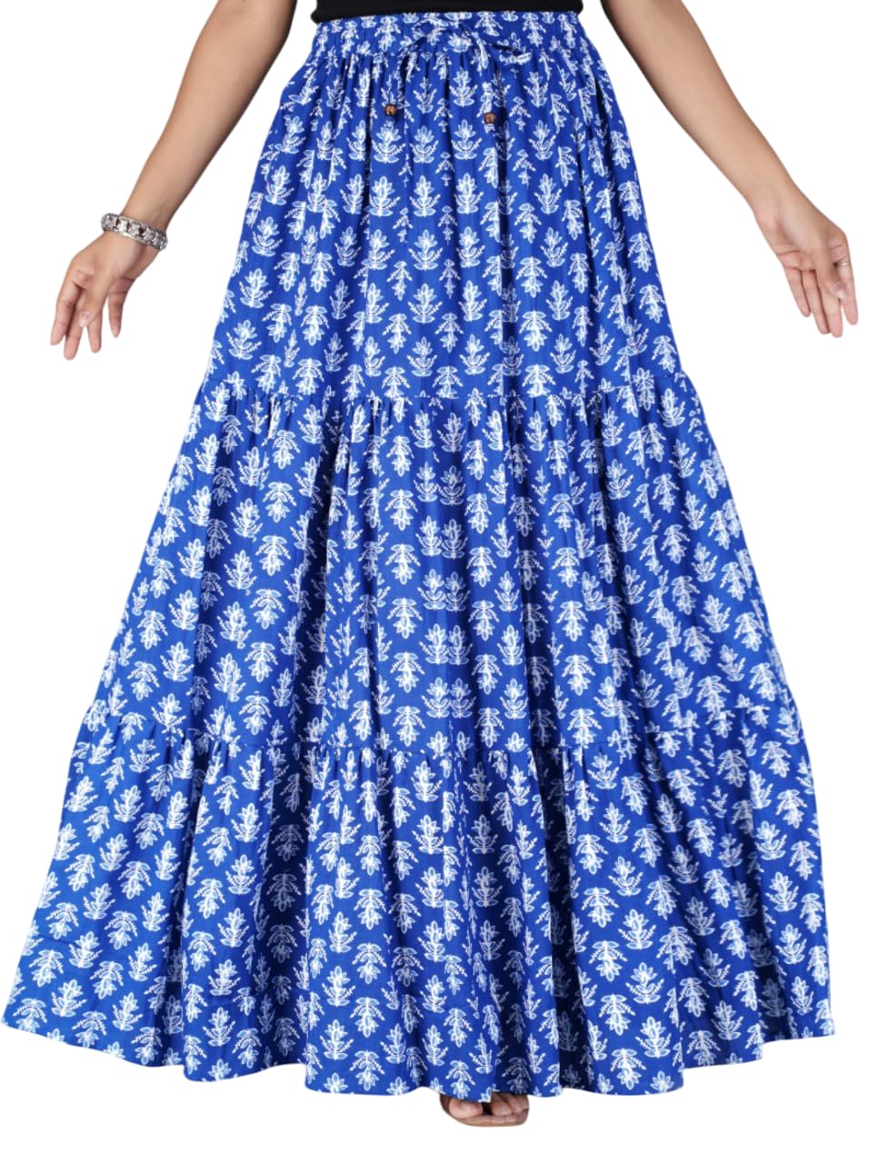 Floral Print Skirt for Women - 100% Cotton, Floor-Length, Elastic Waist, Stylish and Comfortable, Machine Washable, Perfect for Casual Blue
