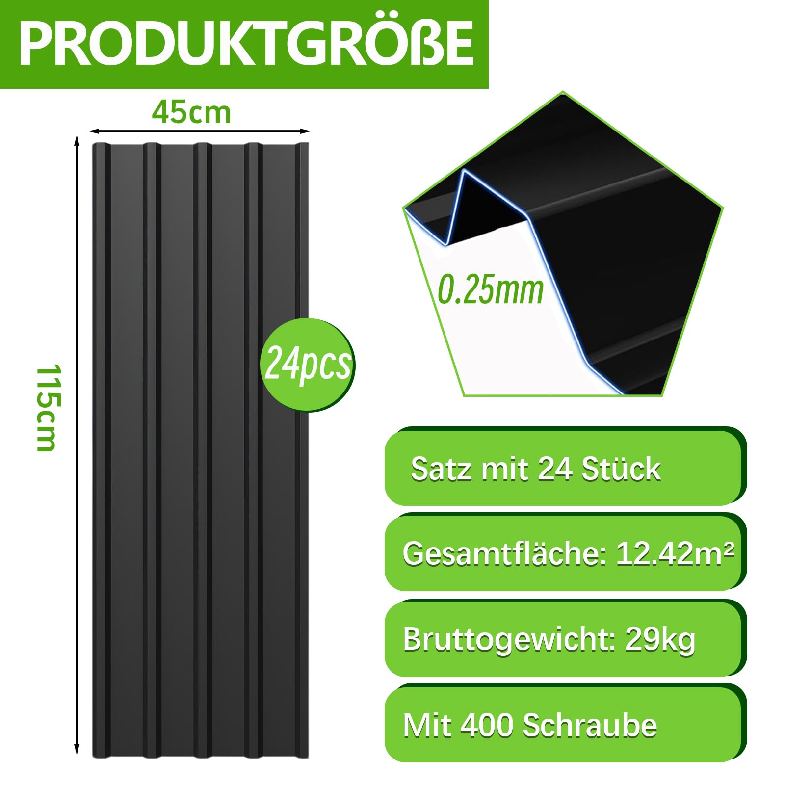 Warmfay® Profilblech Trapezblech 24er Set, 115×45 cm (12,42 m²), Wetterfest Rostresistent Verzinkte Wellblech Dachplatten mit 400 Schrauben, Schwarz Metall Dachblech für Carport, Garage, Gerätehaus
