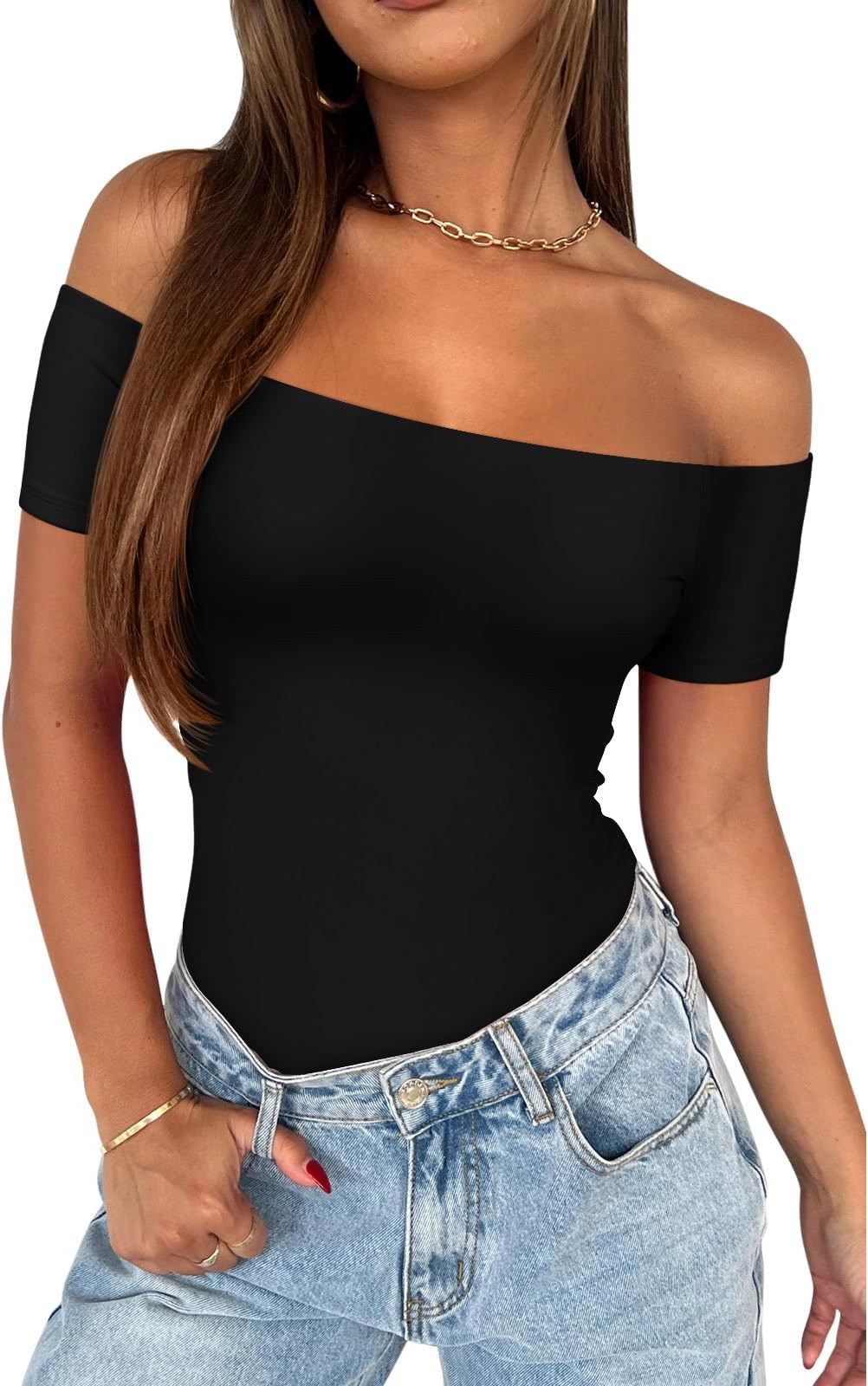 REORIA Women Sexy Off The Shoulder Short Sleeve Backless Basic Double Lined Thong Bodysuit Tops