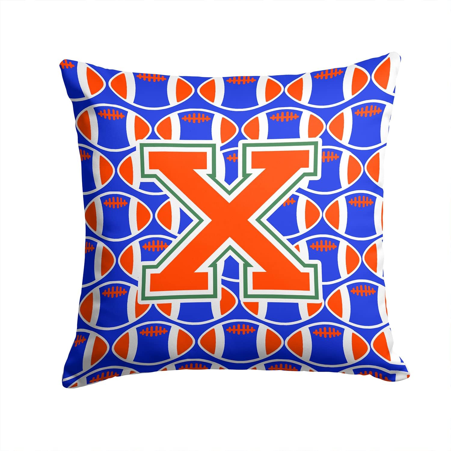 Caroline's Treasures CJ1083-XPW1414 Letter X Football Green, Blue and Orange Fabric Decorative Pillow 100% Machine Washable Pillow, Indoor or Outdoor Decorative Throw Pillow for Couch, Bed or Patio