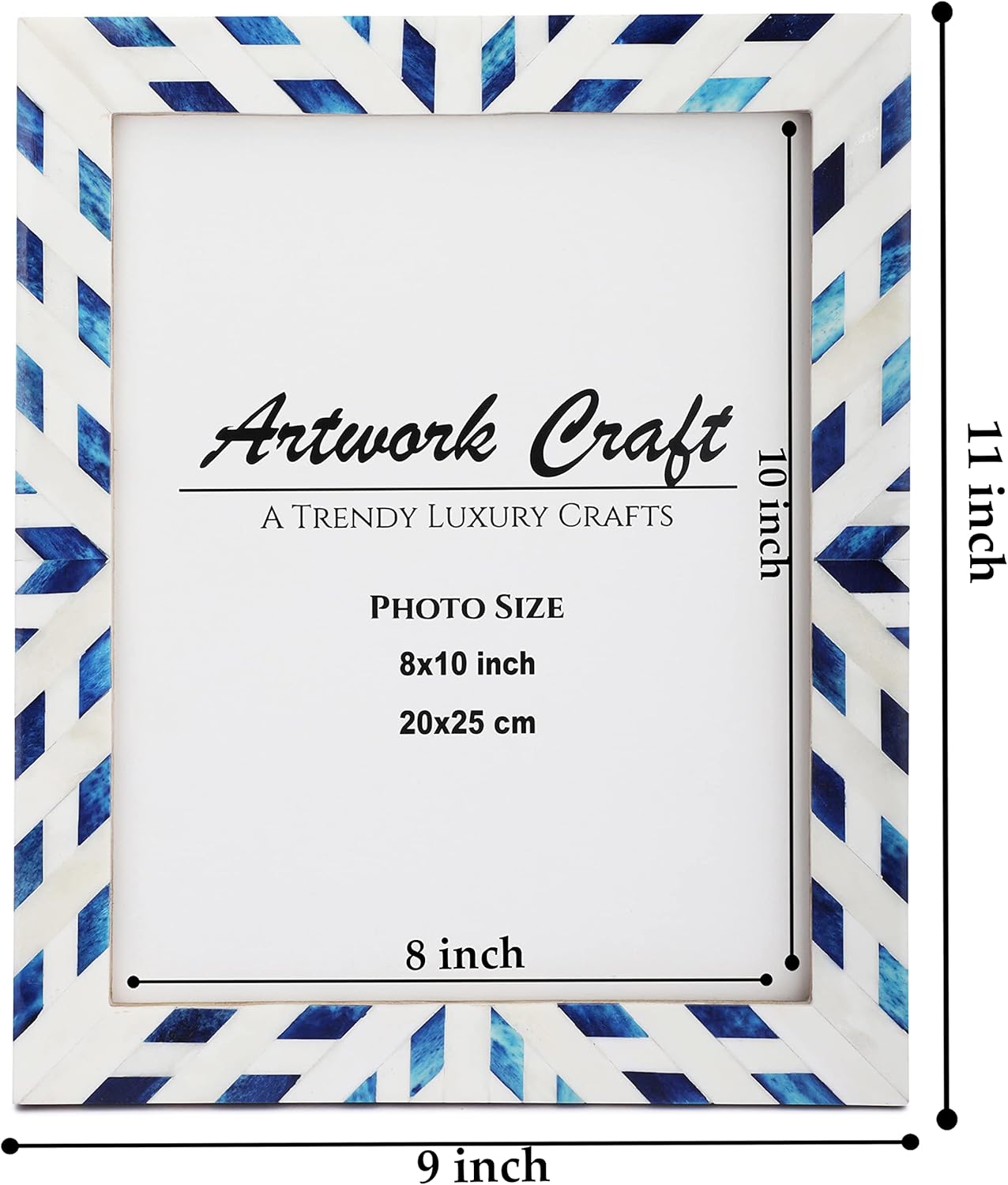 Bone Photo Frame Aztec Pattern Inspired Vintage Table-Top/Wall Décor Chevron Art Boho Picture Frames (8x10 Inches, Blue)