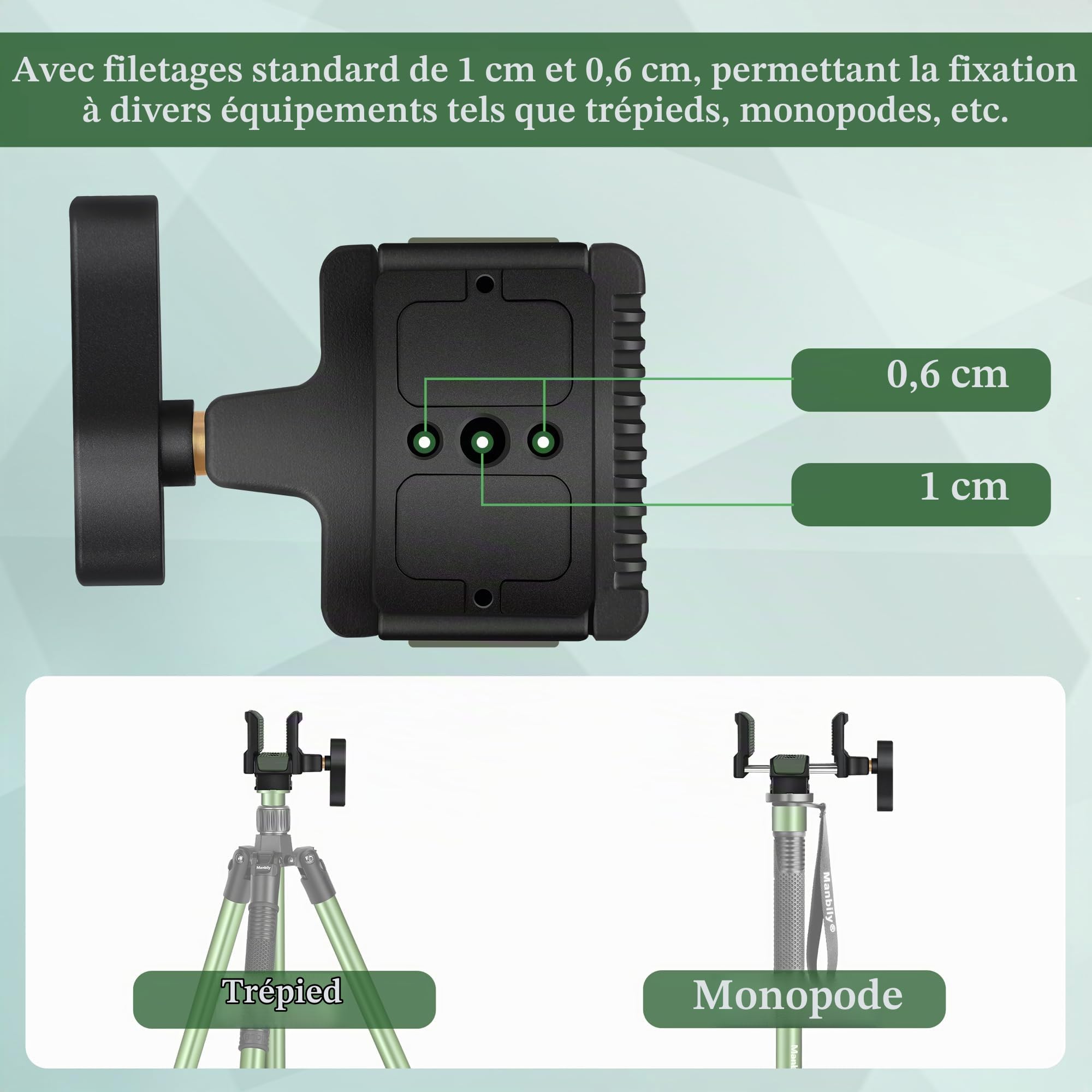 Manbily U-7 Tête de trépied pour trépieds de tir, support universel en alliage d'aluminium, 6,35 mm et 9,5 mm et base compatible Arca-Swiss pour monopodes, vert