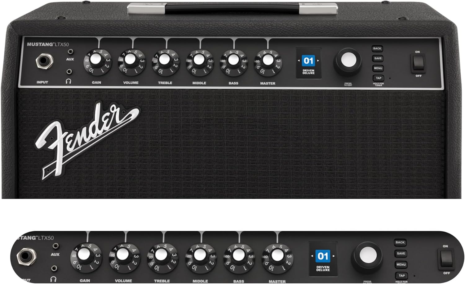 Nærbilde view of the Fender Mustang LTX50 front panel controls including input, aux, headphone, gain, volume, tone controls, master, display, and navigation buttons.