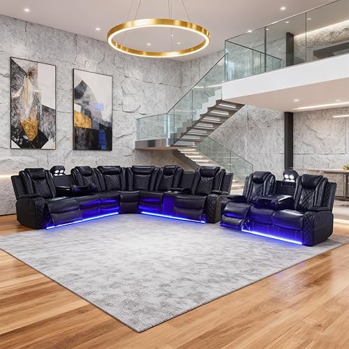 Miniatura 34 de Juego de sofá modular reclinable eléctrico para sala de estar, juego de sofá reclinable de cuero con luces LED / almacenamiento oculto, sofá en