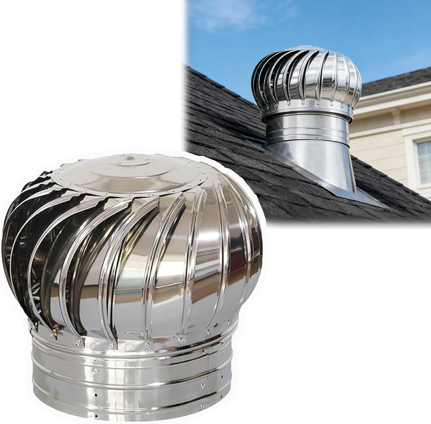 160mm/6.3in Roof Vents for Houses, Stainless Steel Turbine Ventilator for Roof Exhaust Vent, Wind Turbines Air Vents Attic Ventilator, Round Rotation Flue Vent for Outside Chimney Cover Flue Caps