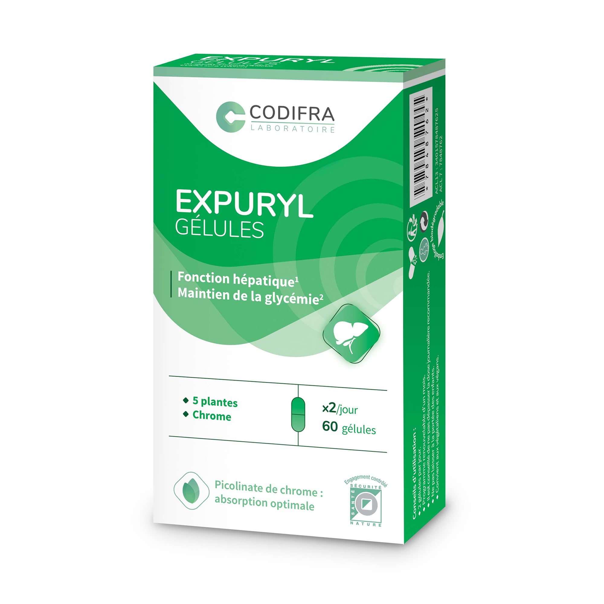 CODIFRA | Expuryl 60 Gélules | Phytodraineur Détox | Artichaut, Pissenlit, Cassis, melon d'eau, cannelle, Chrome
