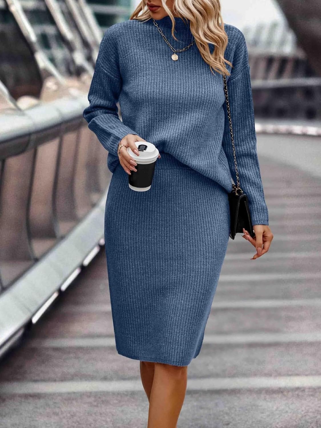 Women 2 Piece Turtleneck Knit Sweater Skirt Set Midi Sweater Dress Long Sleeve Pullover Bodycon Knitted Skirt Outfit
