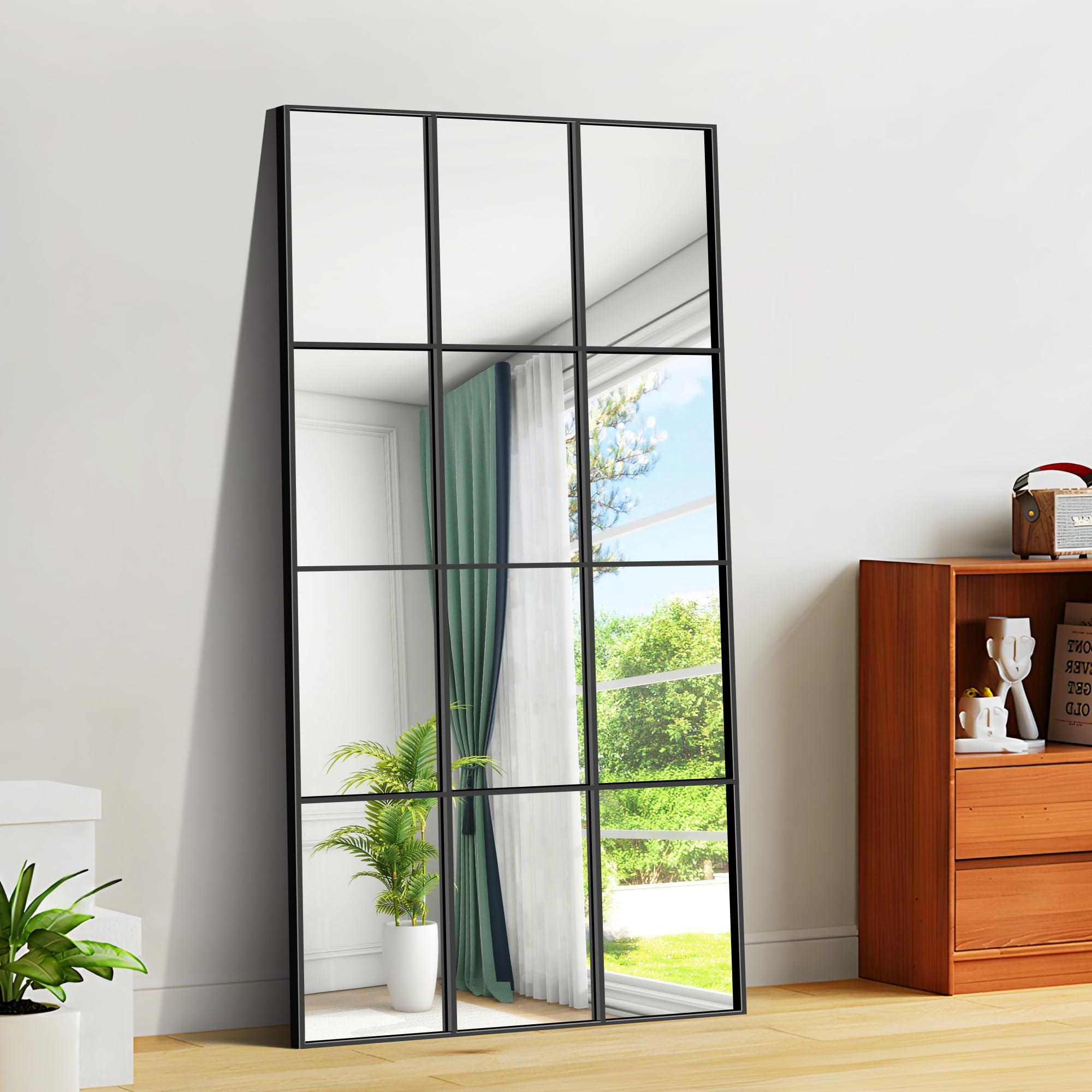 YIROMAN Window Pane Mirror, 30x55 Inch Black Rectangular Mirrors For Wall Mounted Decor, Large Window Metal Framed Mirror For Bedroom Living Room Fireplace Entryway, Hanging Or Leaning Against Wall