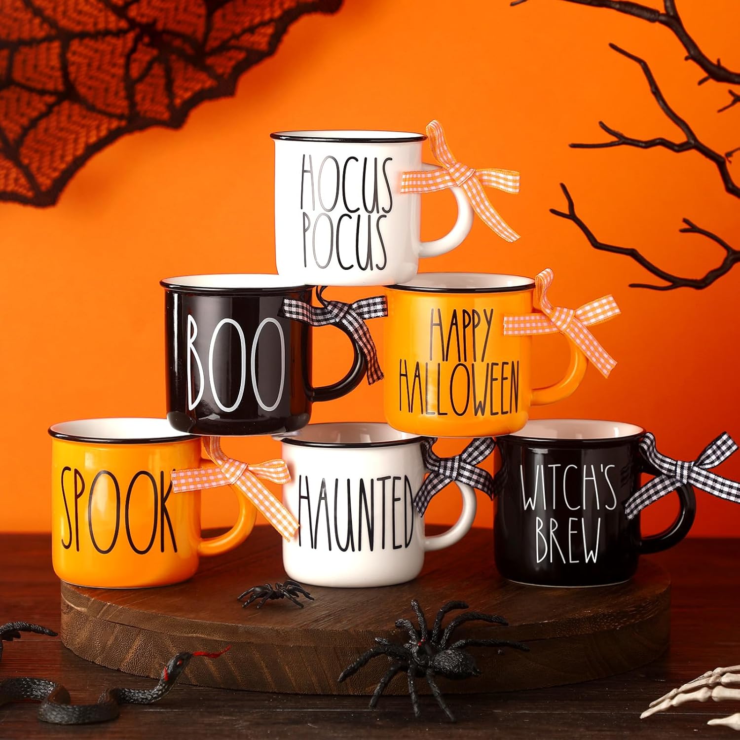 Juego de 6 tazas de café de Halloween, diseño de calabaza, fantasma, bruja, mini tazas de café, bandeja escalonada, decoración para Halloween,