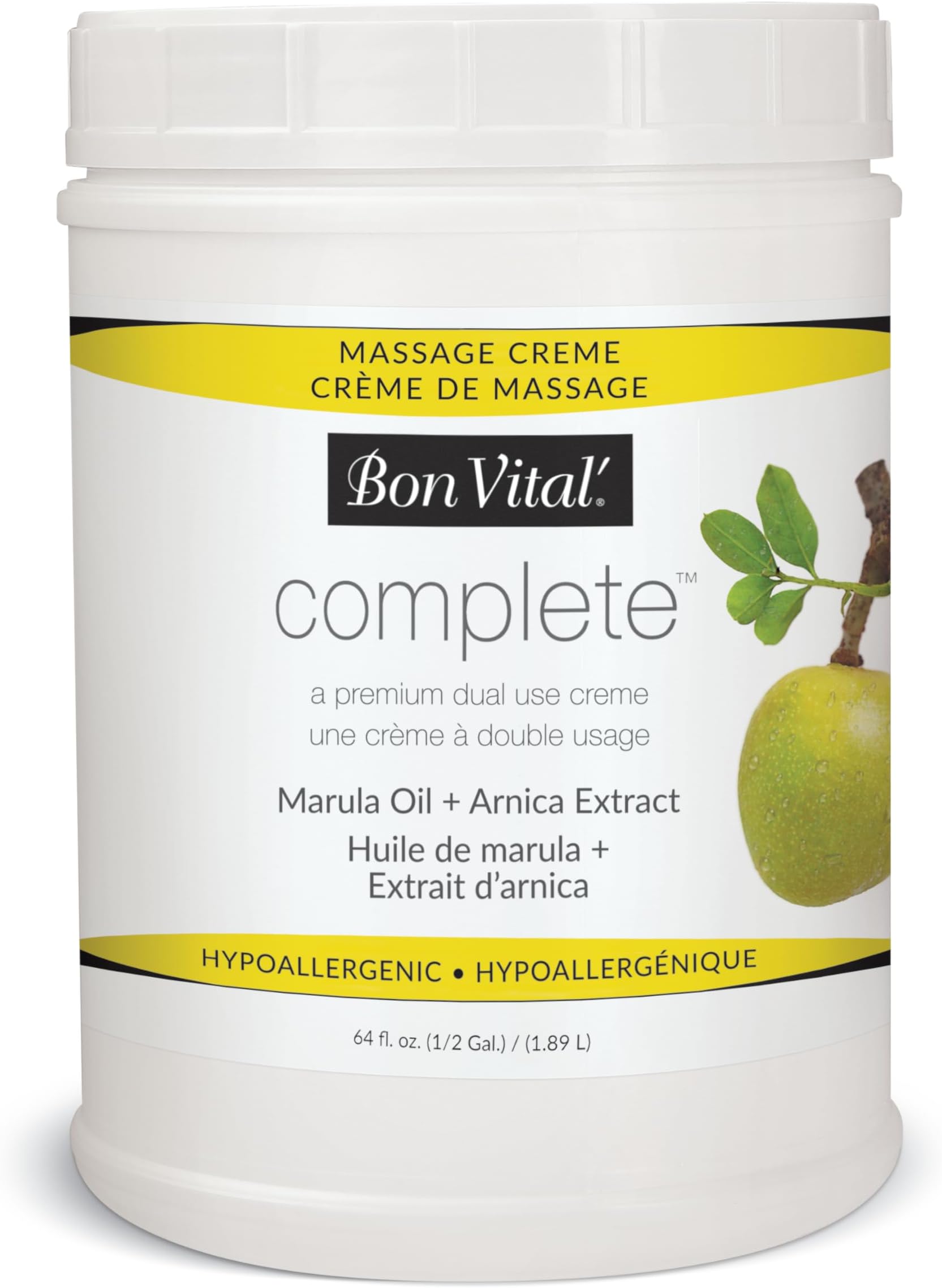 Bon Vital Complete Massage Creme, 1/2-Gallon, Unscented Non-Greasy Cream with Marula, Olive & Jojoba Oils, Hypoallergenic Moisturizer for Professional & Home Use, Premium Dual-Purpose, Massage Therapy