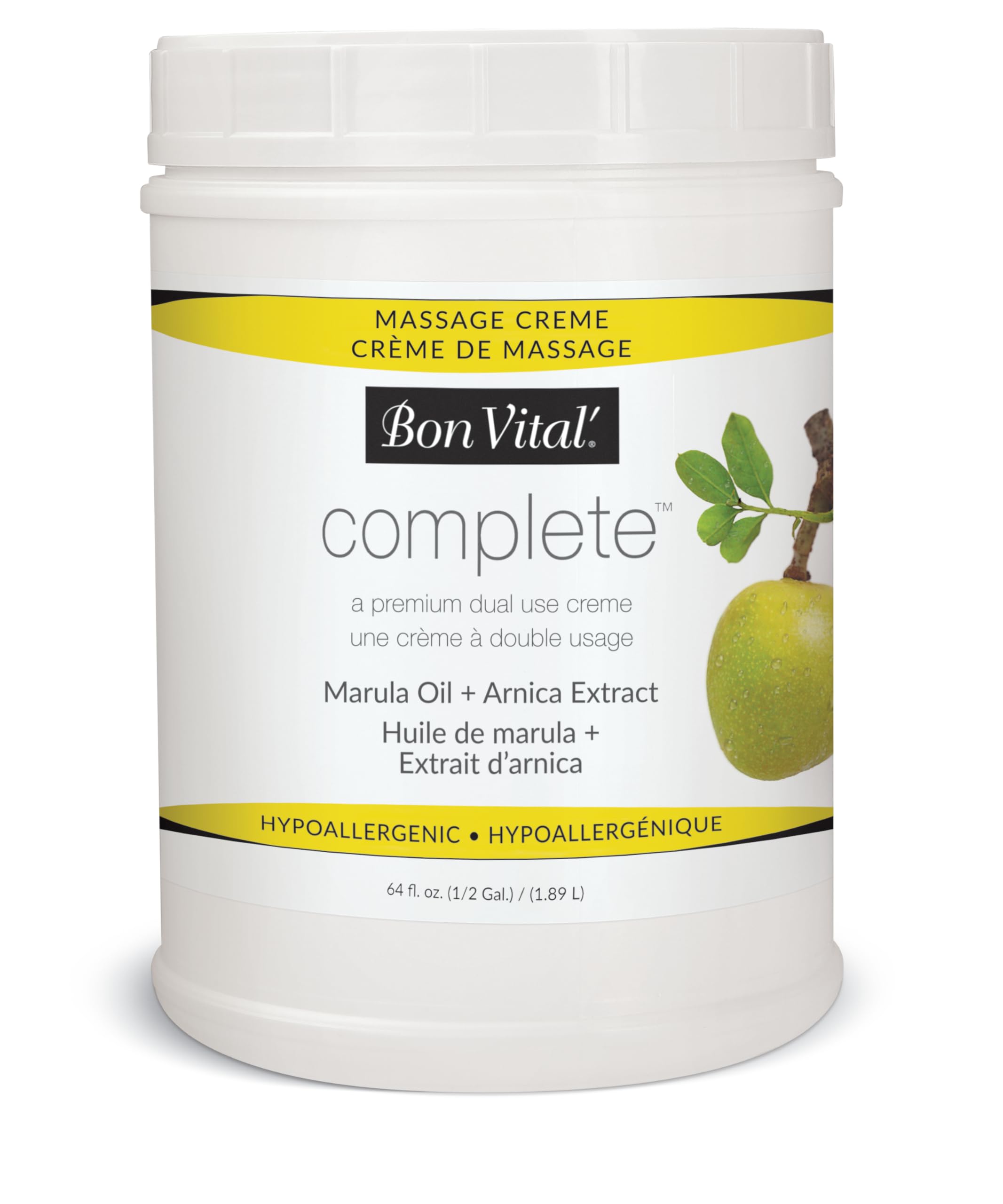 Bon Vital Complete Massage Creme, 1/2-Gallon, Unscented Non-Greasy Cream with Marula, Olive & Jojoba Oils, Hypoallergenic Moisturizer for Professional & Home Use, Premium Dual-Purpose, Massage Therapy