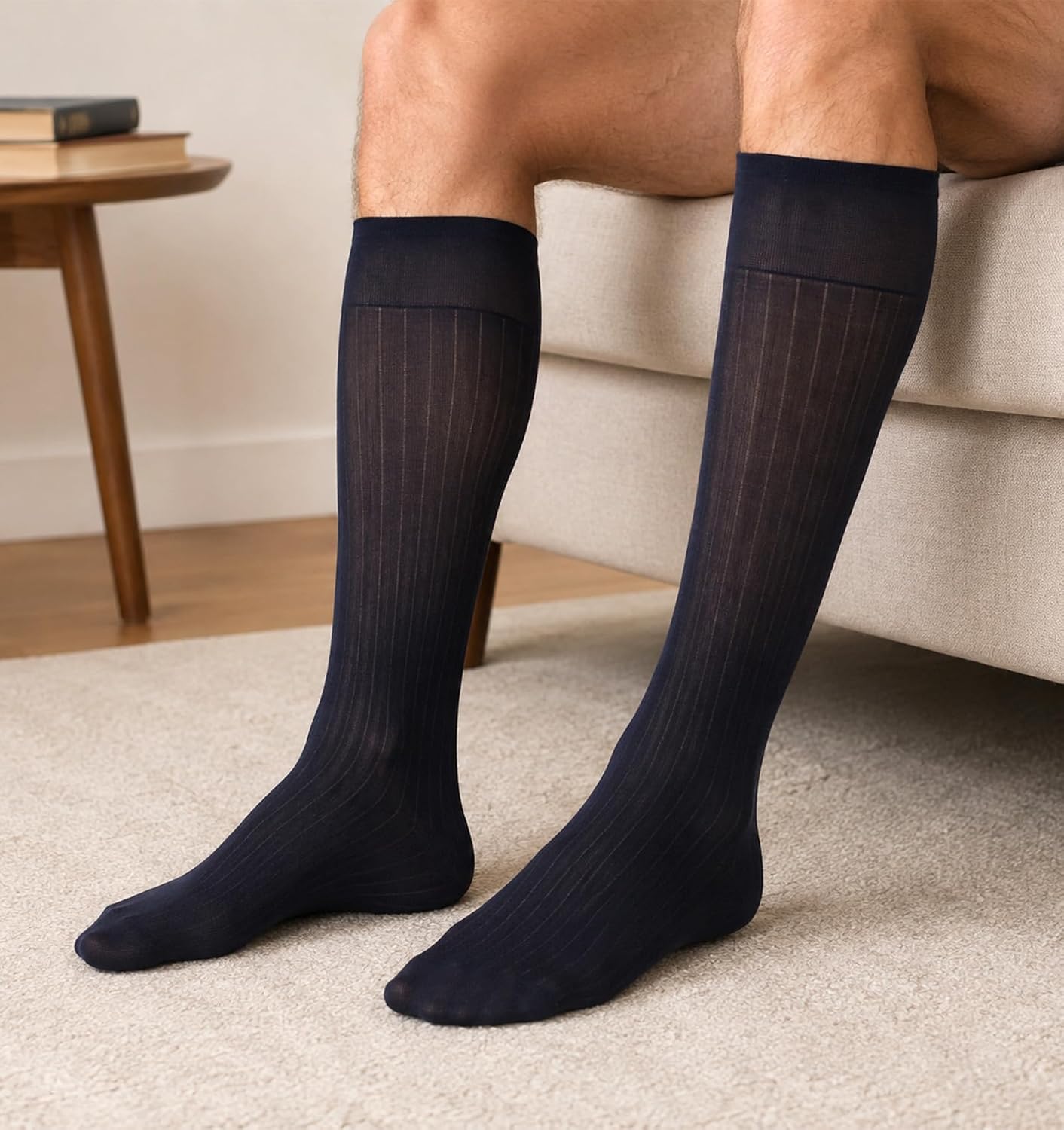 3 Pair Thin Dress Socks Men, Silk Stockings For Dress Shoes (Black, Blue)