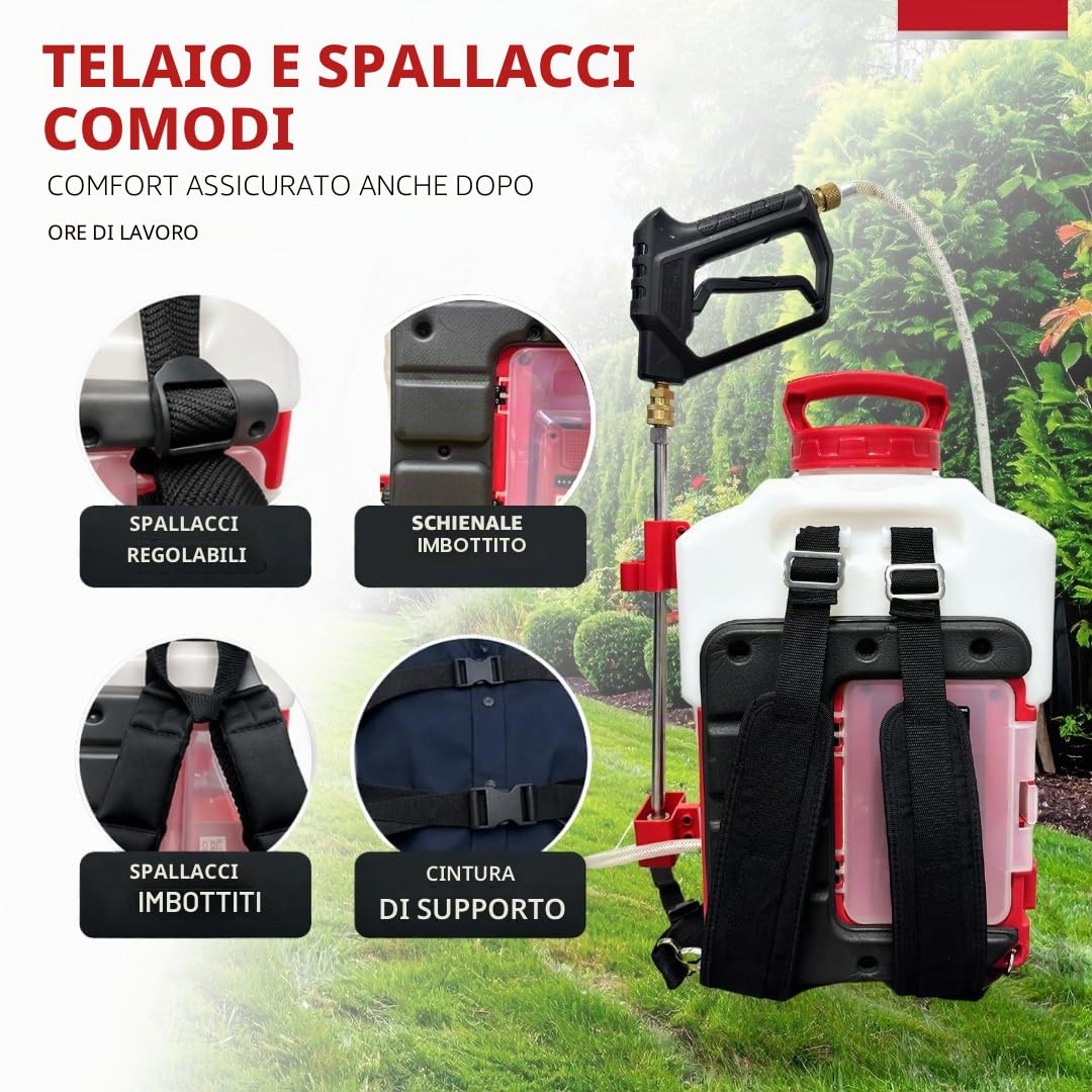 Pompa Irroratrice a Batteria 16L Con Lancia Inox 40 cm, Spruzzatore per Diserbo e Cura del Giardino, Atomizzatore per Pulizia Tetti - Getto a 9m - 2 Batterie