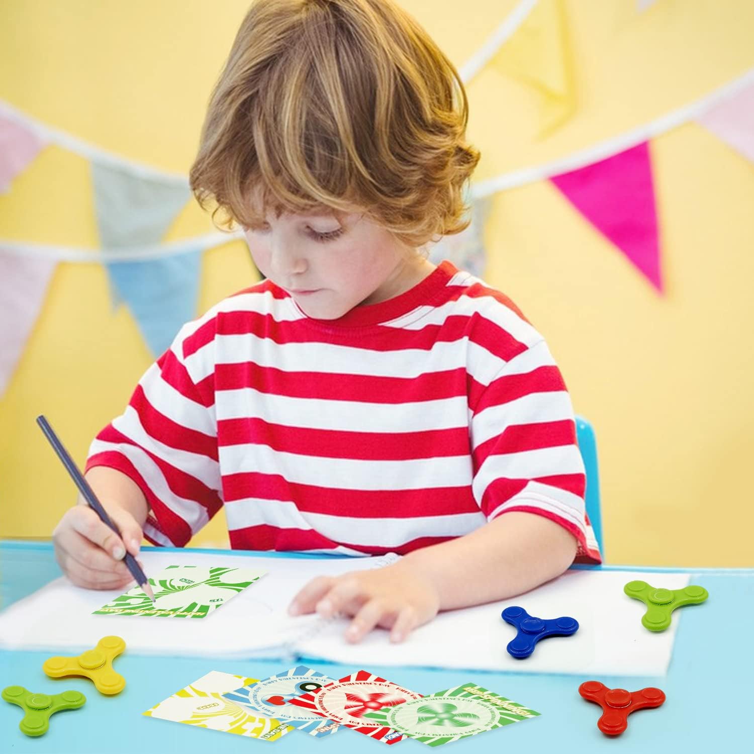 GoForward 28 Pack Valentine Cards for Kids Classroom with Fidget Spinner Stress Relief Toys for Boys Girls Valentine Classroom Gifts Party Favor Classroom Exchange Prizes, Valentine Fidgets for Kids