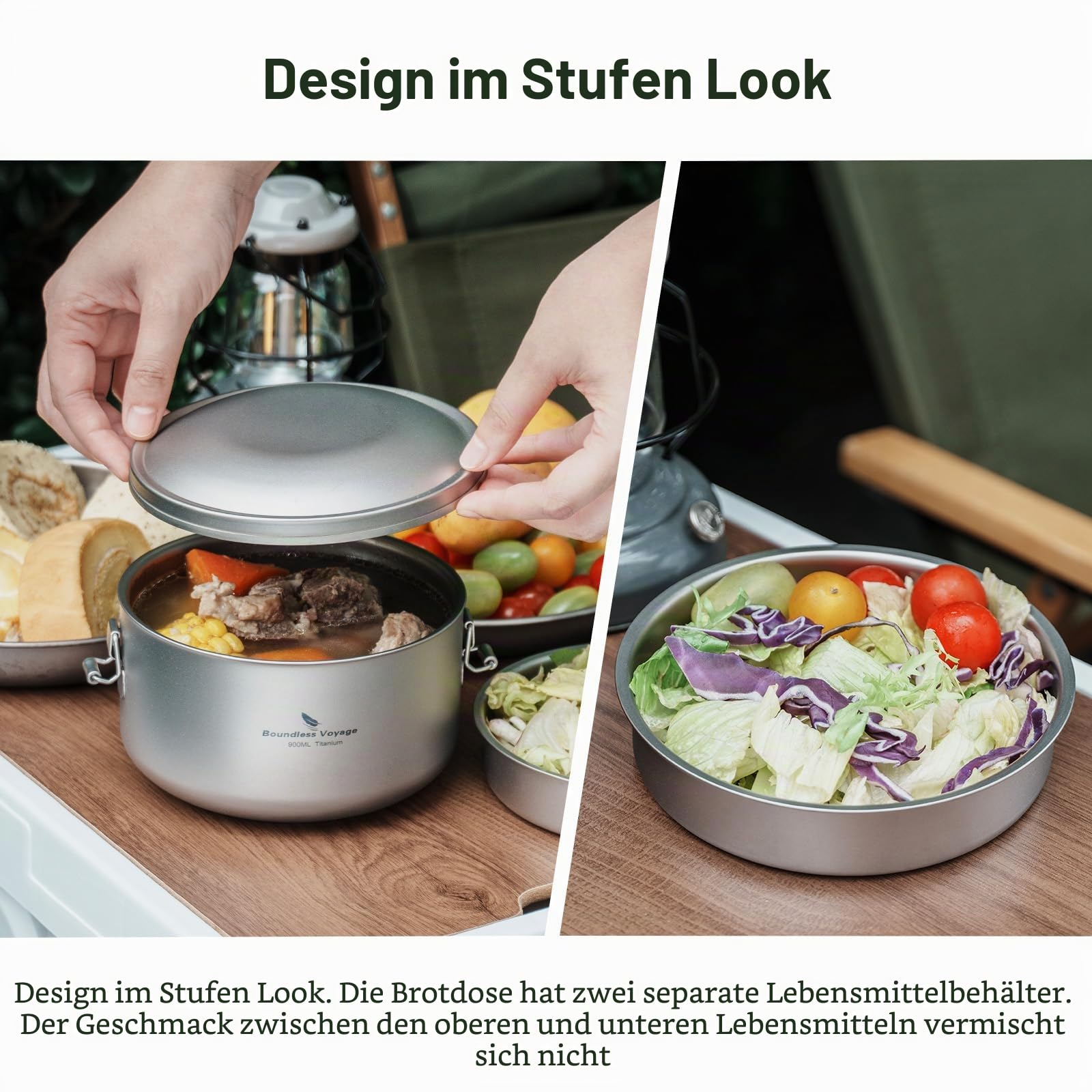iBasingo Titan Brotdose Outdoor Bento Box Leichte Täglicher Büroangestellter Camper Student Dinner Box 900ml Schüssel 250ml Gericht Set mit Deckel Getrennte Mehrschichtige Geschirr Mess Kits Ti1095T