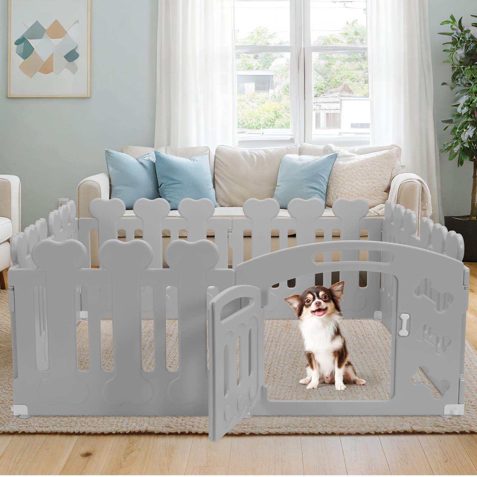 MAMIZO Parc pour Chien 60 cm Haut, Plastique Parc Chien 7+1 PCS Panneaux, Parc Chiot Pliable avec Portail, avec ventouses et ancrages au Sol, Enclos pour Chat et Lapin Interieur Extérieur, Gris | Parc Chiot Pliable avec Portail, avec ventouses et ancrages