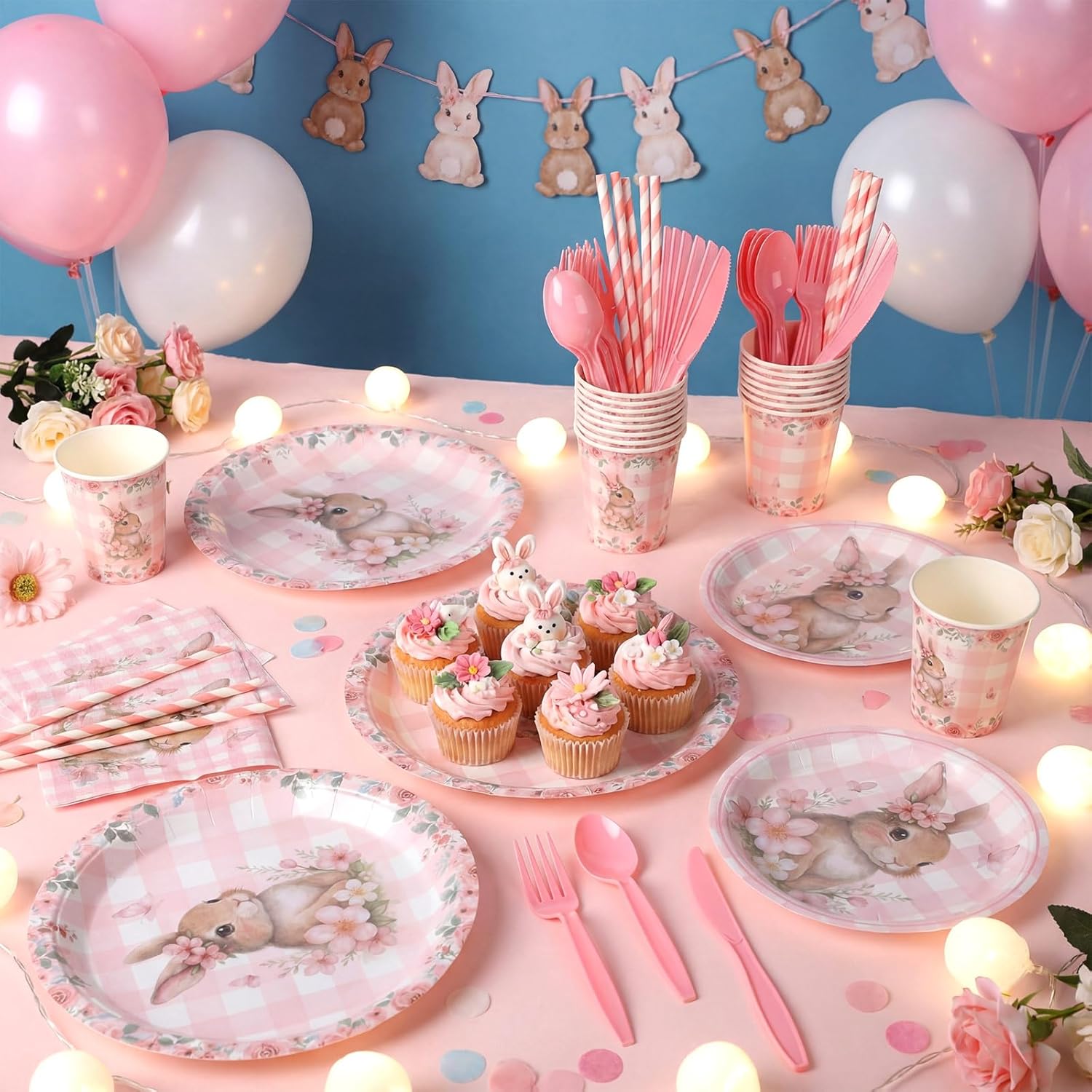 Maxdot 144 Pcs Bunny Birthday Decorations for 24 Guests, Easter Decoupage Plates and Napkins 7" and 9" Bunny Party Plates Easter Tableware for 24 Guests, Spring Birthday Baby Shower Decorations