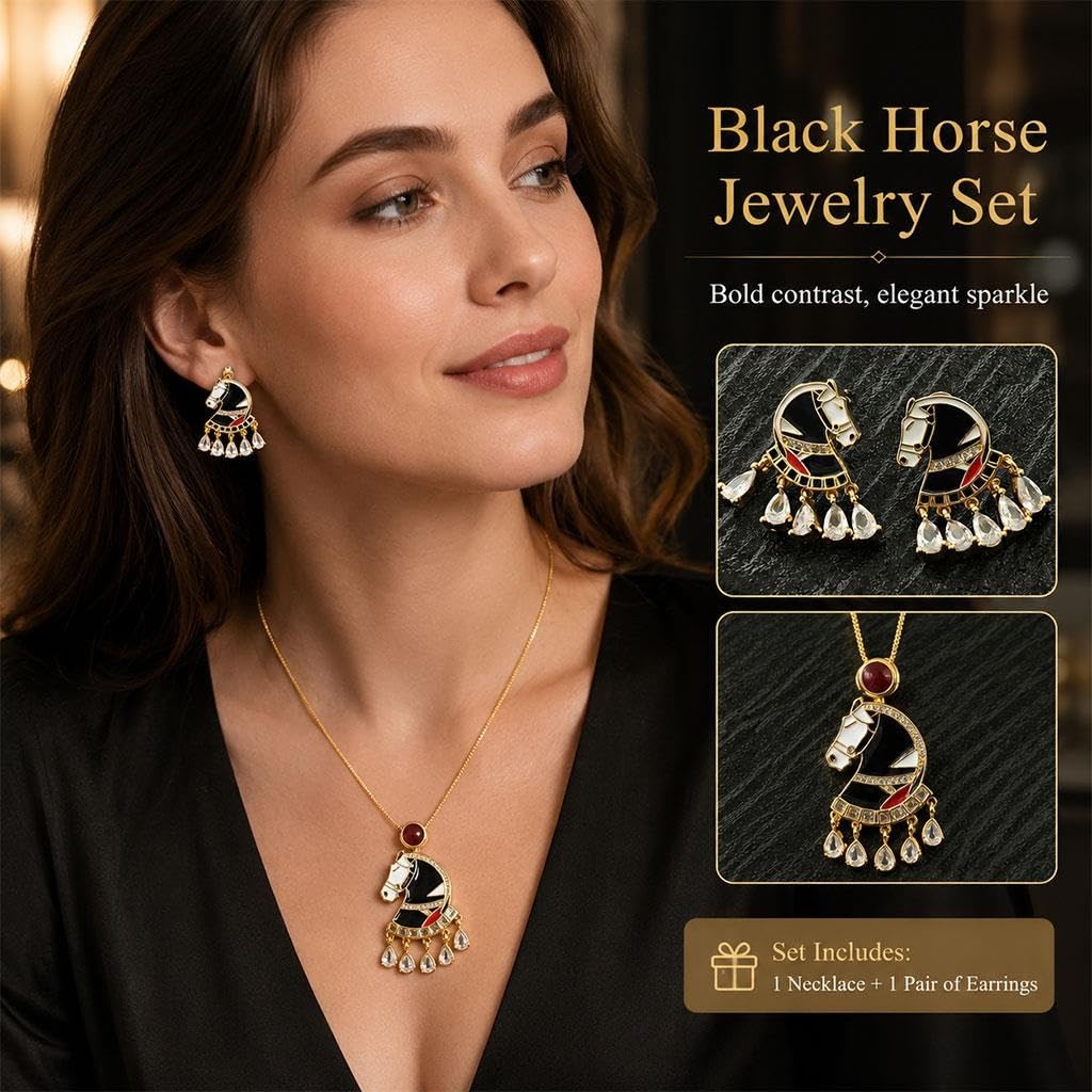 Set Gioielli Cavallo Nero 2 Pezzi, Collana E Orecchini Vintage
