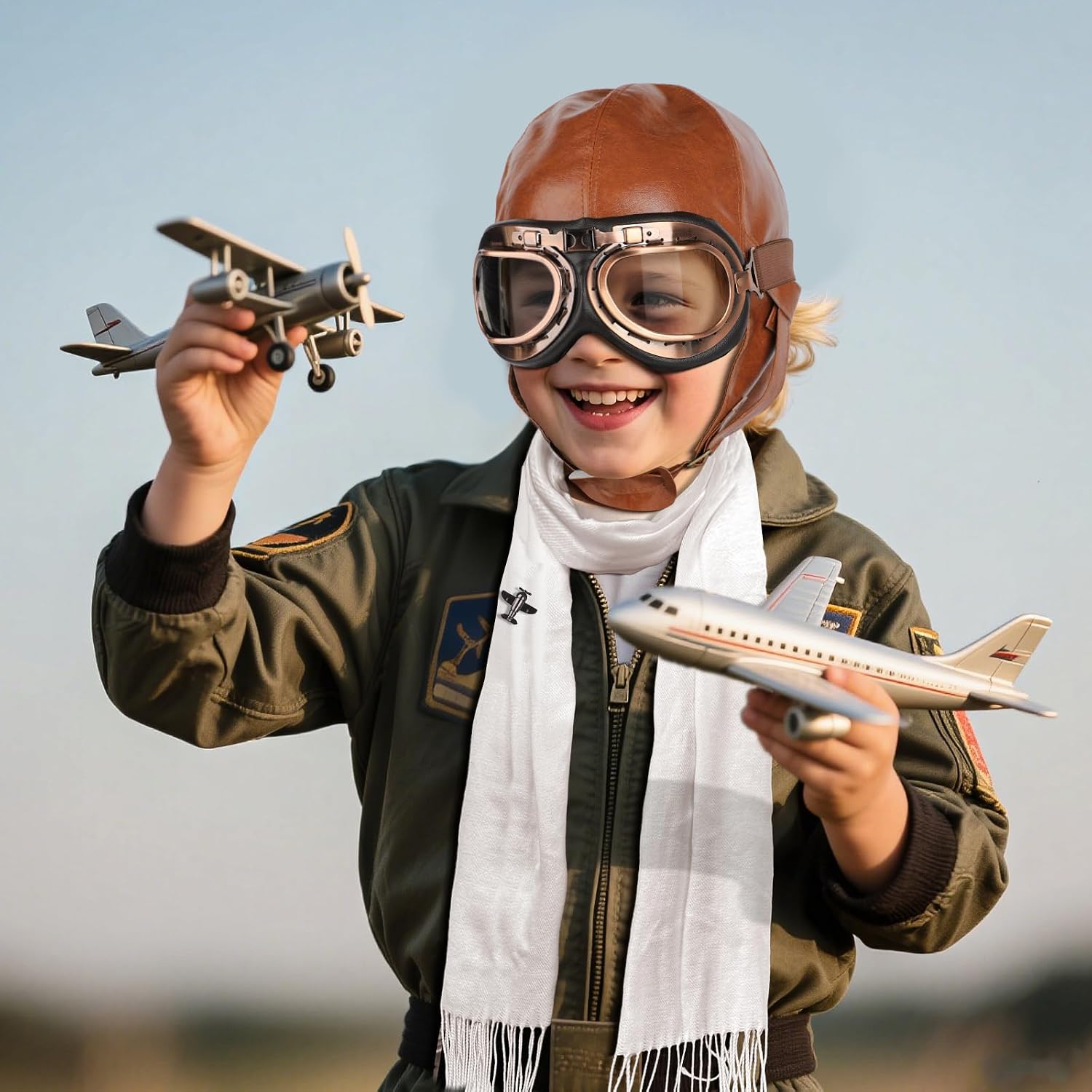 4Pcs Aviator Costume Accessories,Aviator Hat With Goggles White Scarf Brooch,Pilot Cap for Adults Halloween Party