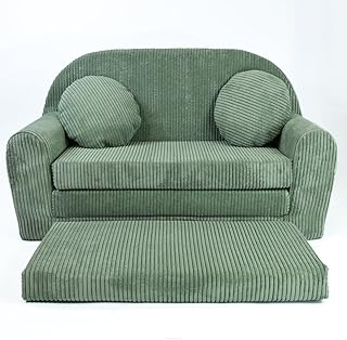 FORTISLINE Kindersofa XXL ausklappbar aus Plüsch - Spielsofa mit Verlängerung 96x57x48cm - Kindercouch mit Schlaffunktion - Weiches Schlafsofa Oeko-TEX inkl. 2 Kissen, Hellgrün