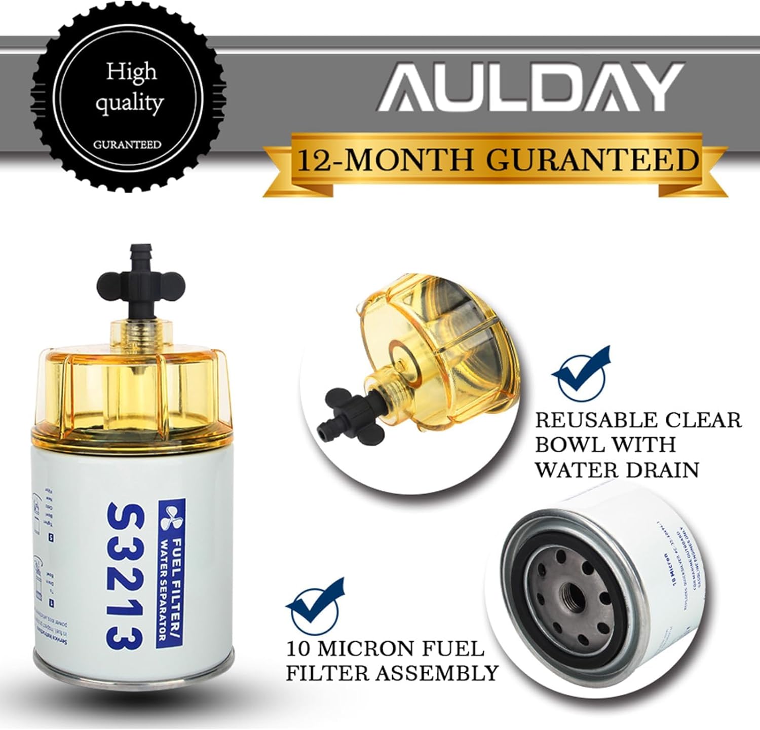 2PCS S3213 Fuel Filter Marine Fuel Water Separator With Clear Bowl Replacement for Marine Outboard Motor Mercury Replaces# 35-60494-1, S3213, 18-7932-1, 18-17928, 35-809097
