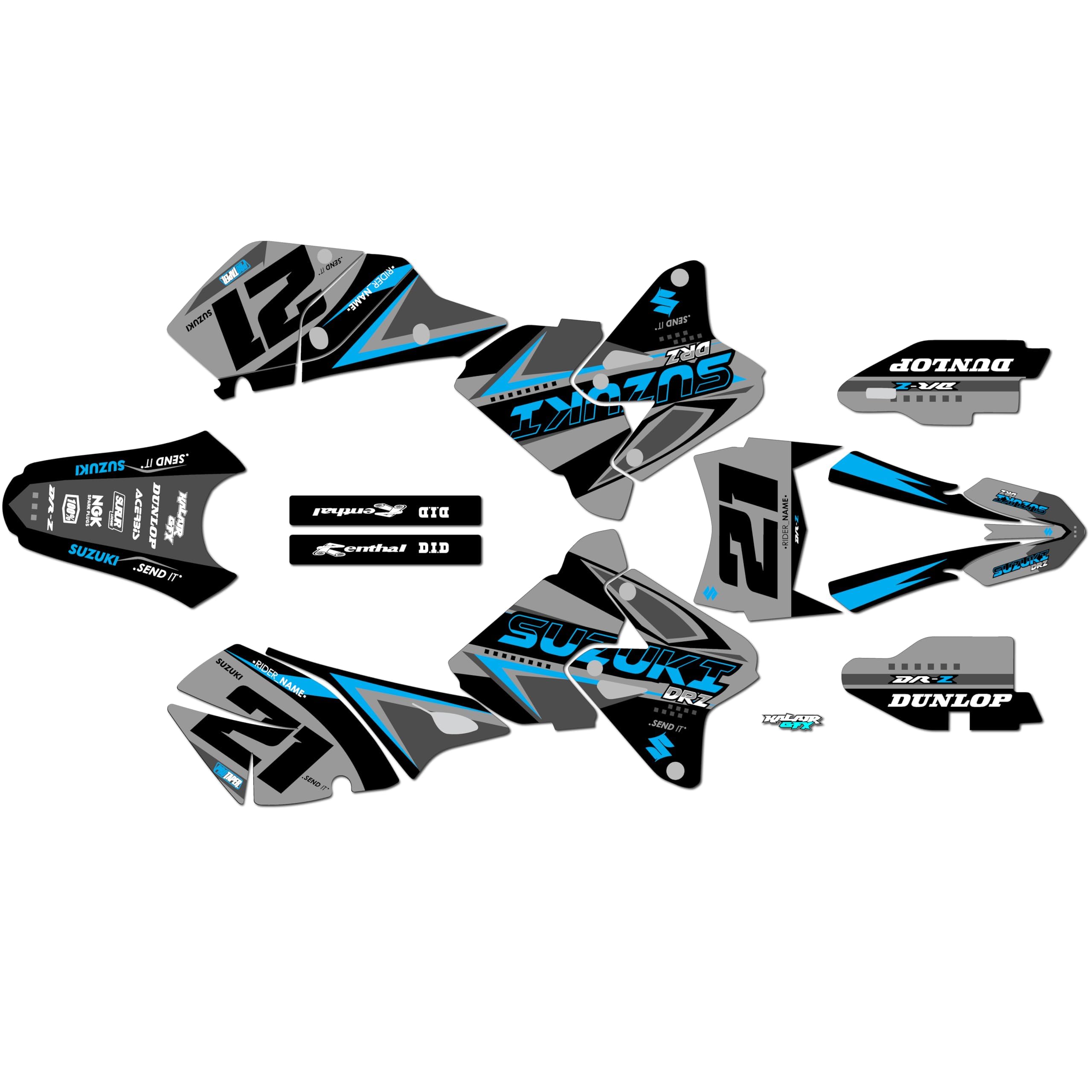Kalair GFX Graphics Kit for Suzuki DRZ400SM (2001-2023) Shaders Series Cyan 9 Mil-Dirt bike Custom Racing Graphics Decals Stickers Kit, no-plastics