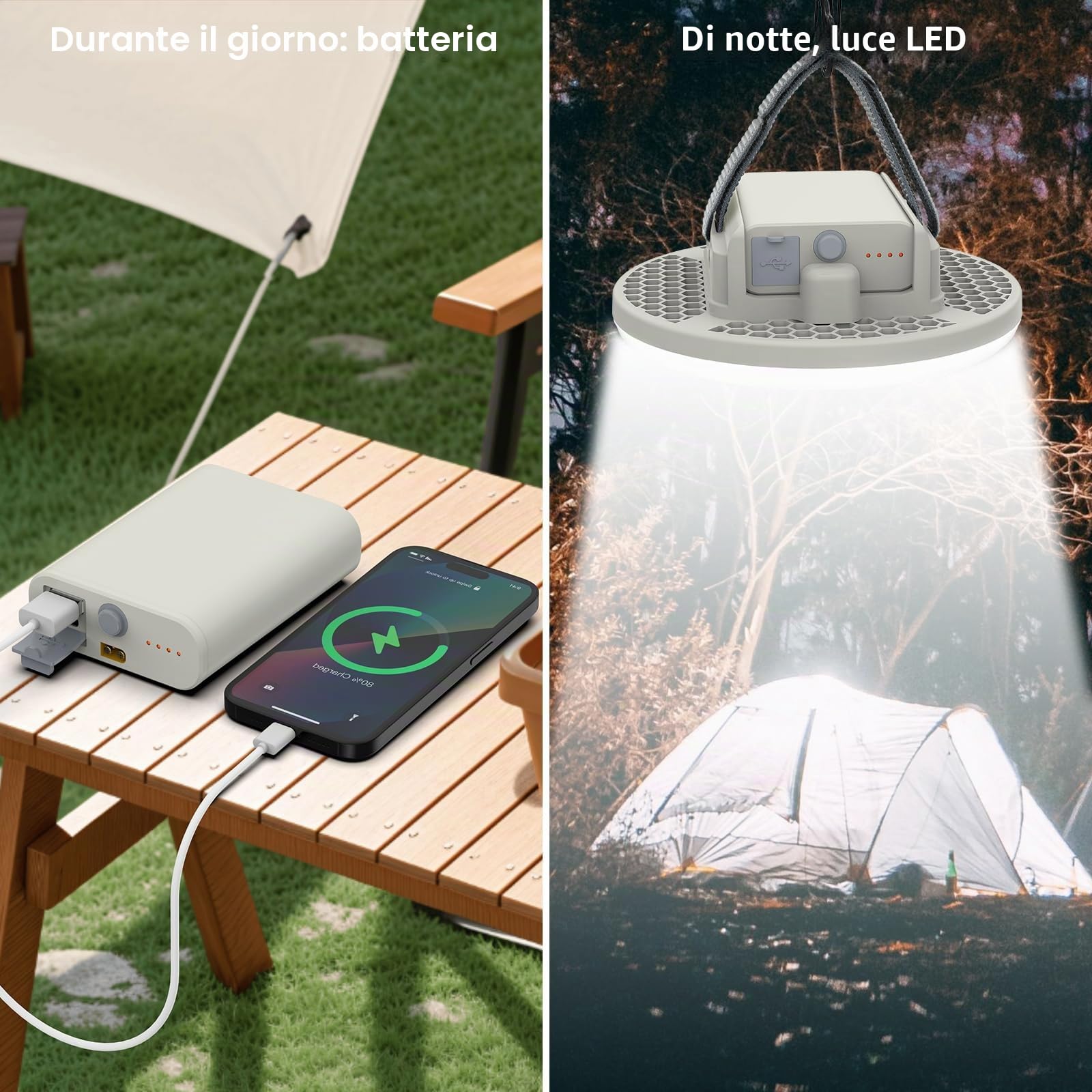 Lampada da Campeggio Ricaricabile 7200mAh & Batteria 2 in 1, Luce Campeggio con Luce Calda e Fredda, Regolazione Continuata della Luminosità, Lampade Ricaricabili con Cinghia a Gancio e Moschettone