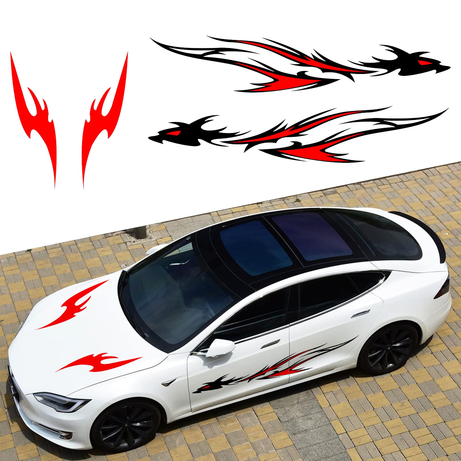 YAMUDACar Hood Body Flame Dragon Totem Personality Pull Flower Modification Decorative Stickers 4 PCS YQ04 (Red)