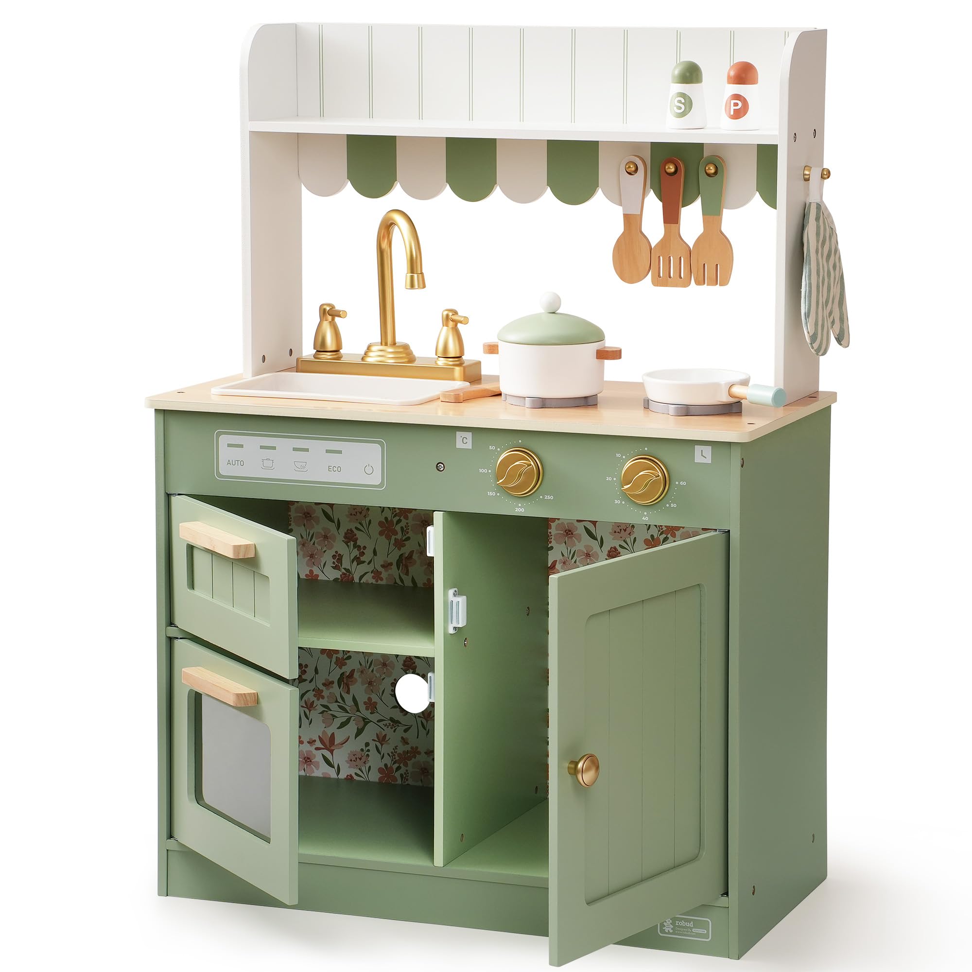 ROBUD Cucine da gioco in legno per bambini, con stoviglie, pentole, insalatiera e verdure, adatte per bambini dai 3 anni in su, verde