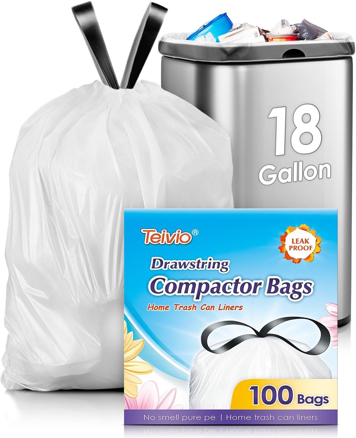Teivio 18 Gallon 100 Counts (fit 16-18 Gal) Large Drawstring Trash Bags Strong Tall Kitchen Compactor Bags Garbage Bags for Home/Office/Light Residential Waste/Outdoor Trash Can, White Lawn Bags