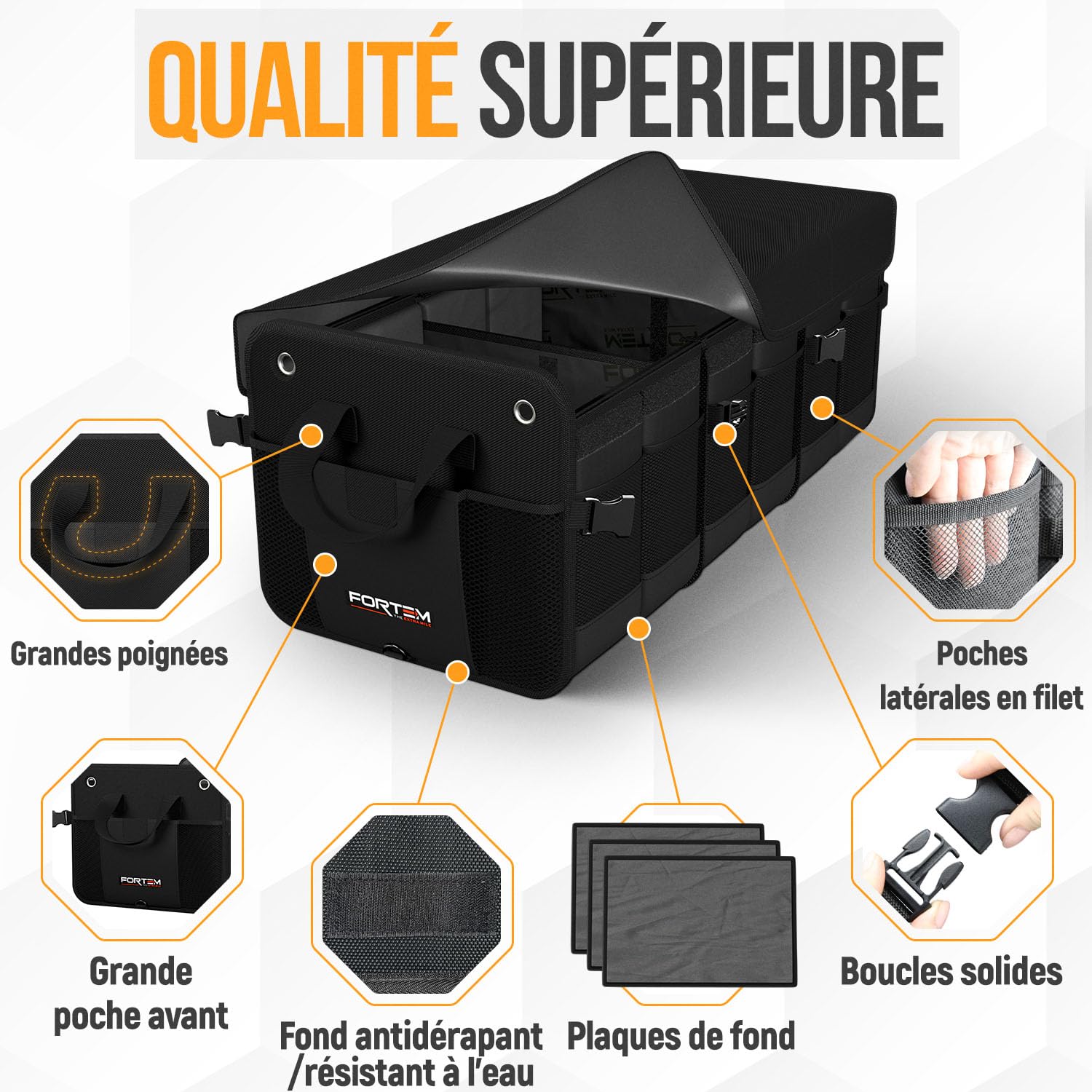 FORTEM Rangement Coffre de Voiture, Pratique et Spacieux, Boite Rangement voiture interieur pliable, Organisateur de Coffre Fond Antidérapant, Sangles de Sécurité et couvercle souple, Car Accessories