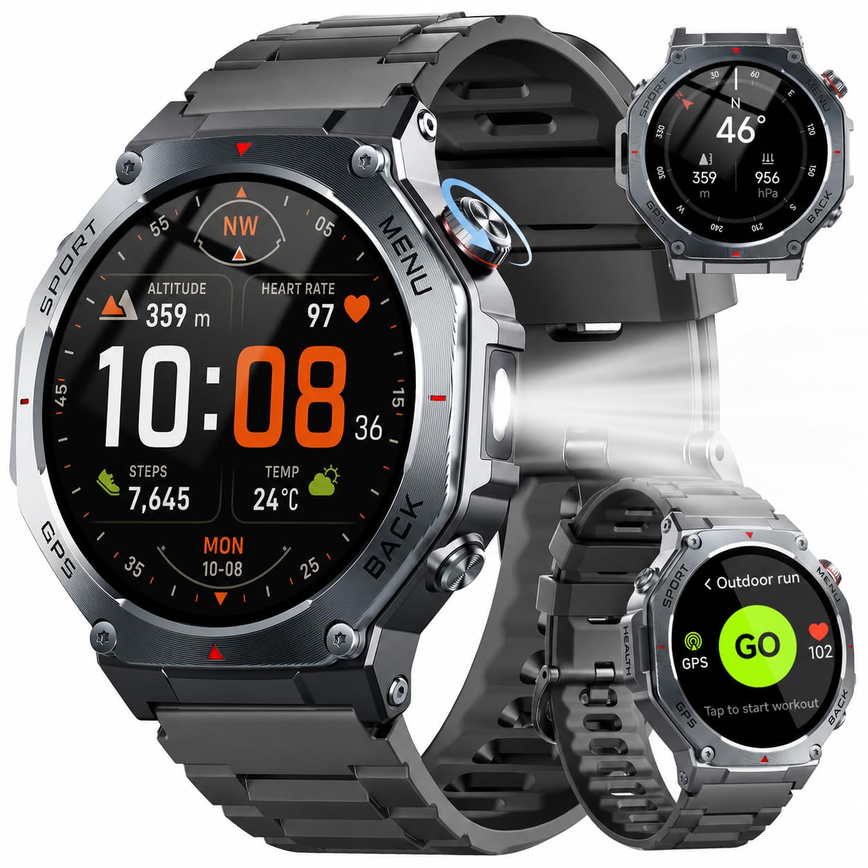 Reloj Inteligente Hombre Militar con GPS y Linterna LED, 5ATM Smartwatch con Brújula llamadas Bluetooth Pulsómetro Oxímetro Sueño, 1.43"AMOLED Reloj Deportivo con 160+Modos Deportivos para IOS Android
