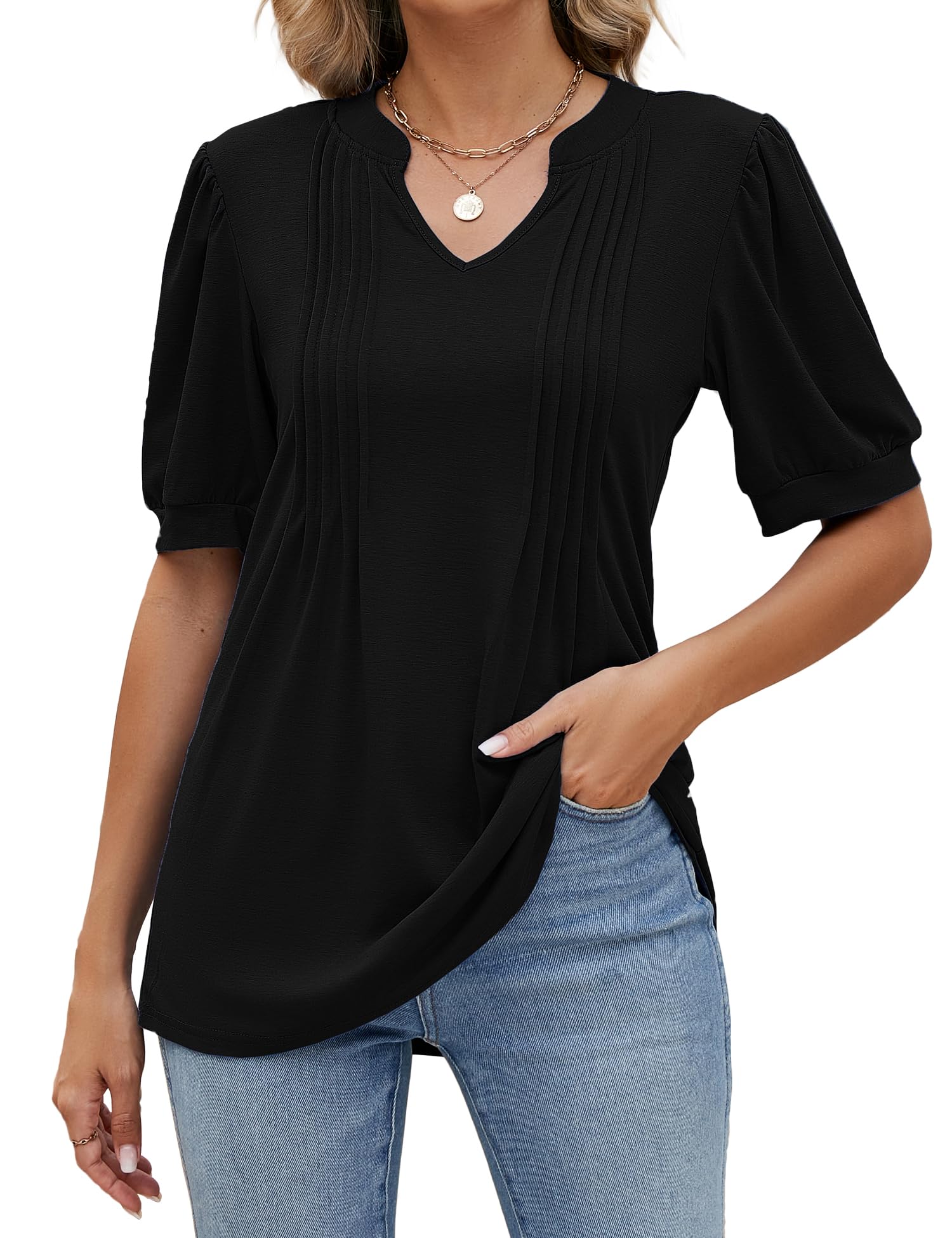 Womens Tops V Neck Summer Puff Short Sleeve Tshirts Fashion Casual ...