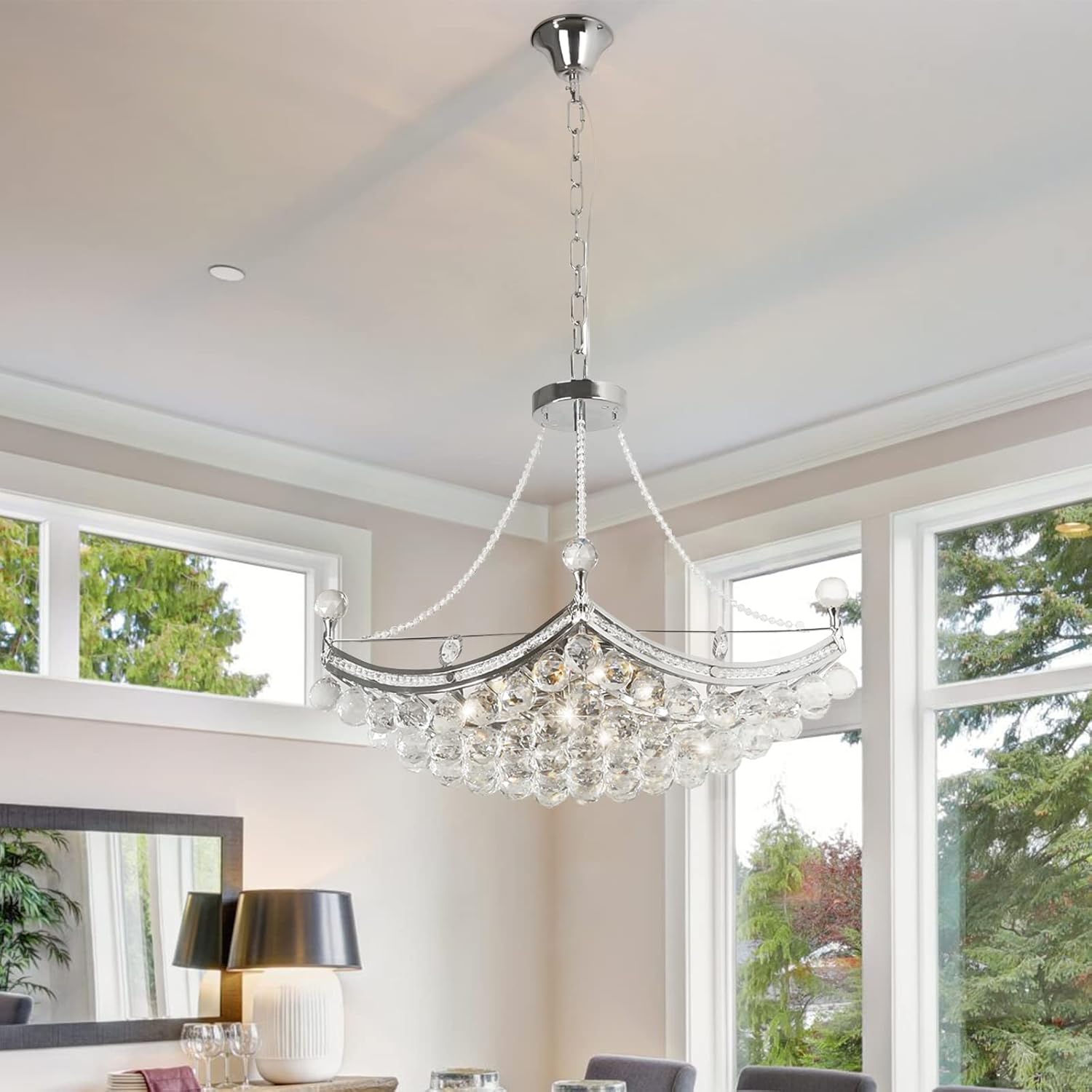 A Million Modern Crystal Chandelier Luxury Ship Design 25" Silver Pendant 8-Light Ceiling Light Fixture for Living Room Bedroom Restaurant Kitchen Island, E12 Socket