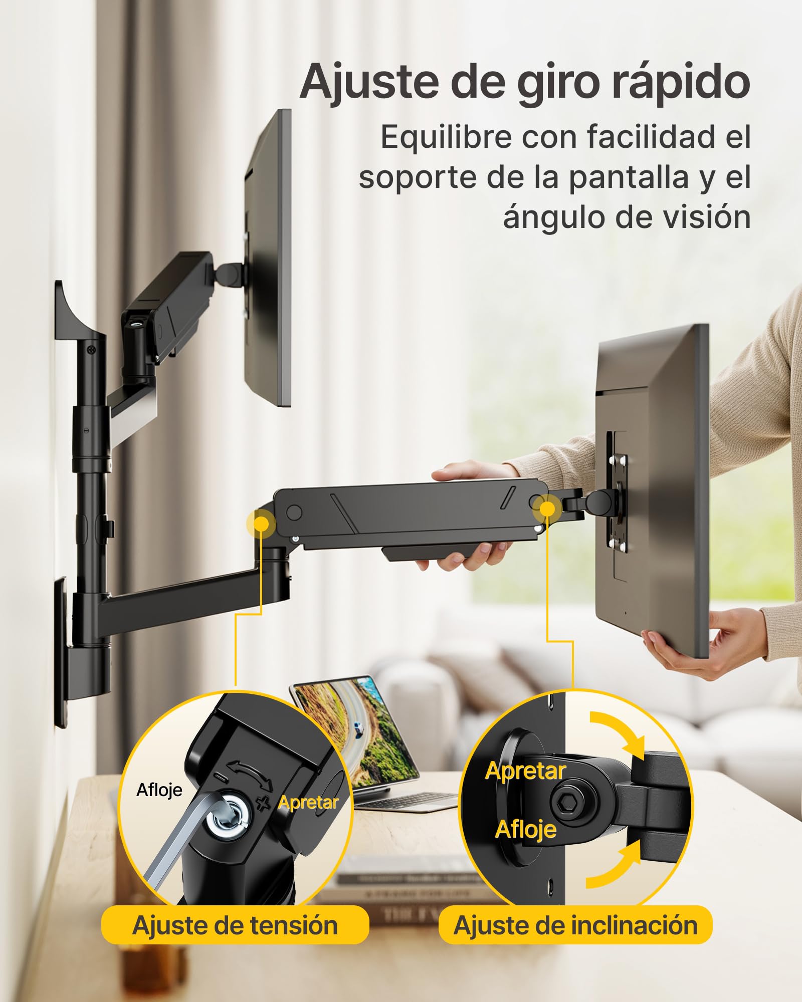 monTEK Soporte de pared para monitor dual para monitores de 17 a 35 pulgadas, carga máxima de 16 kg, brazo de monitor compatible con pantalla plana y curva, soporte de pared articulado para TV
