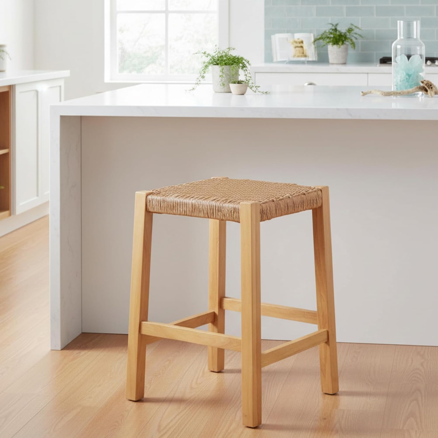 Alaterre Furniture Bar Stool with Handcrafted Woven Rope Seat - Newport Collection 24-Inch Counter Height Stool for Kitchen, Bar, or Dining Room - Wood Barstools